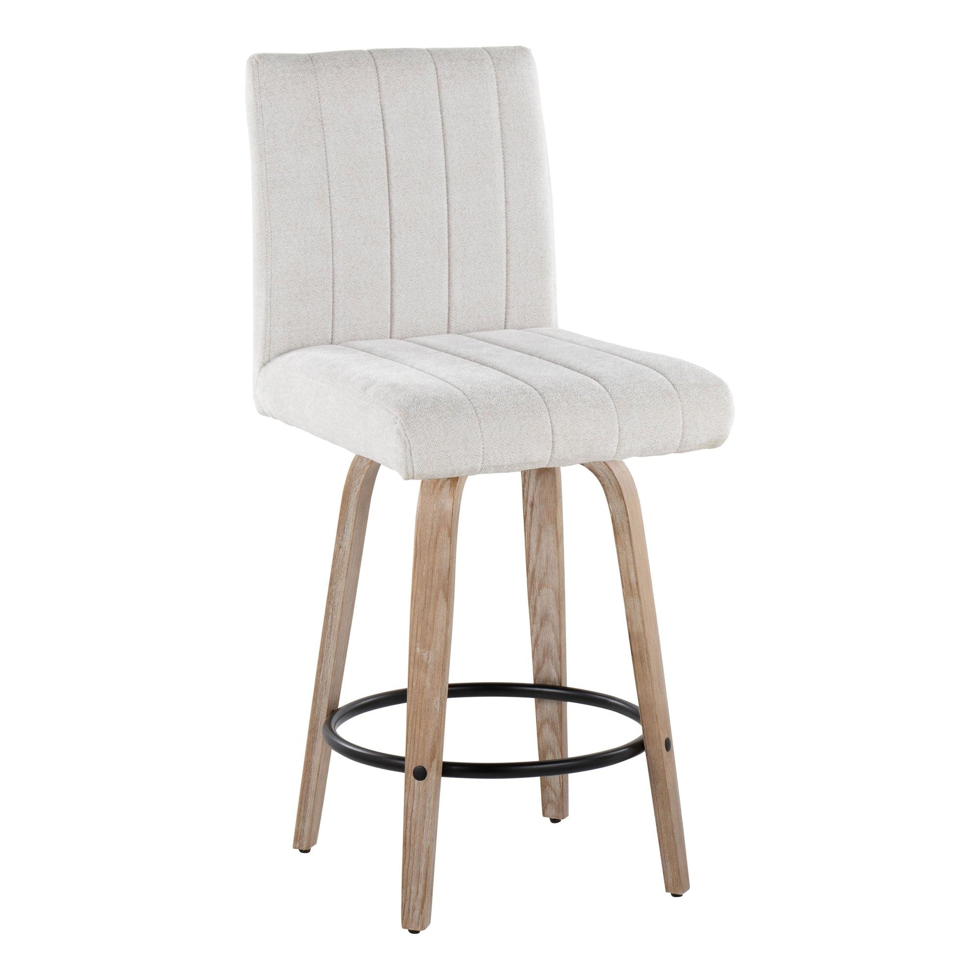 Hank 26" Fixed-Height Counter Stool - Set of 2 - Whitewashed Wood, Light Grey Fabric, Black Metal