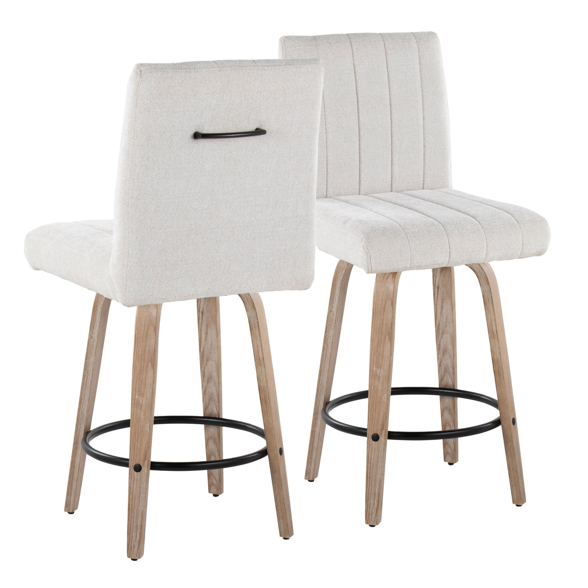 Hank 26" Fixed-Height Counter Stool - Set of 2 - Whitewashed Wood, Light Grey Fabric, Black Metal