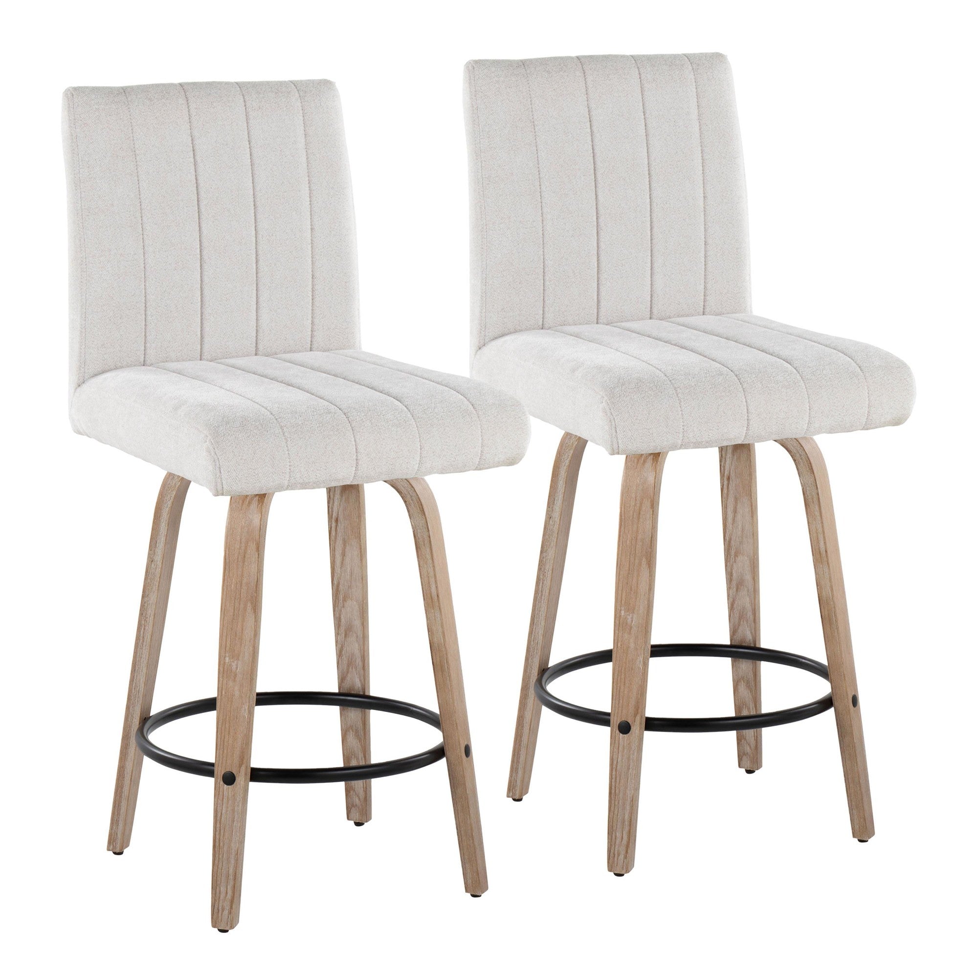 Hank 26" Fixed-Height Counter Stool - Set of 2 - Whitewashed Wood, Light Grey Fabric, Black Metal