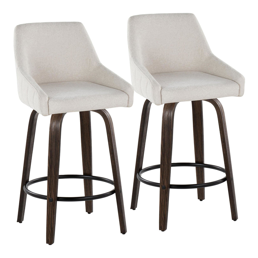 Hannah 26" Fixed-Height Counter Stool - Set of 2 - Walnut Glazed Wood, Cream Fabric, Black Metal