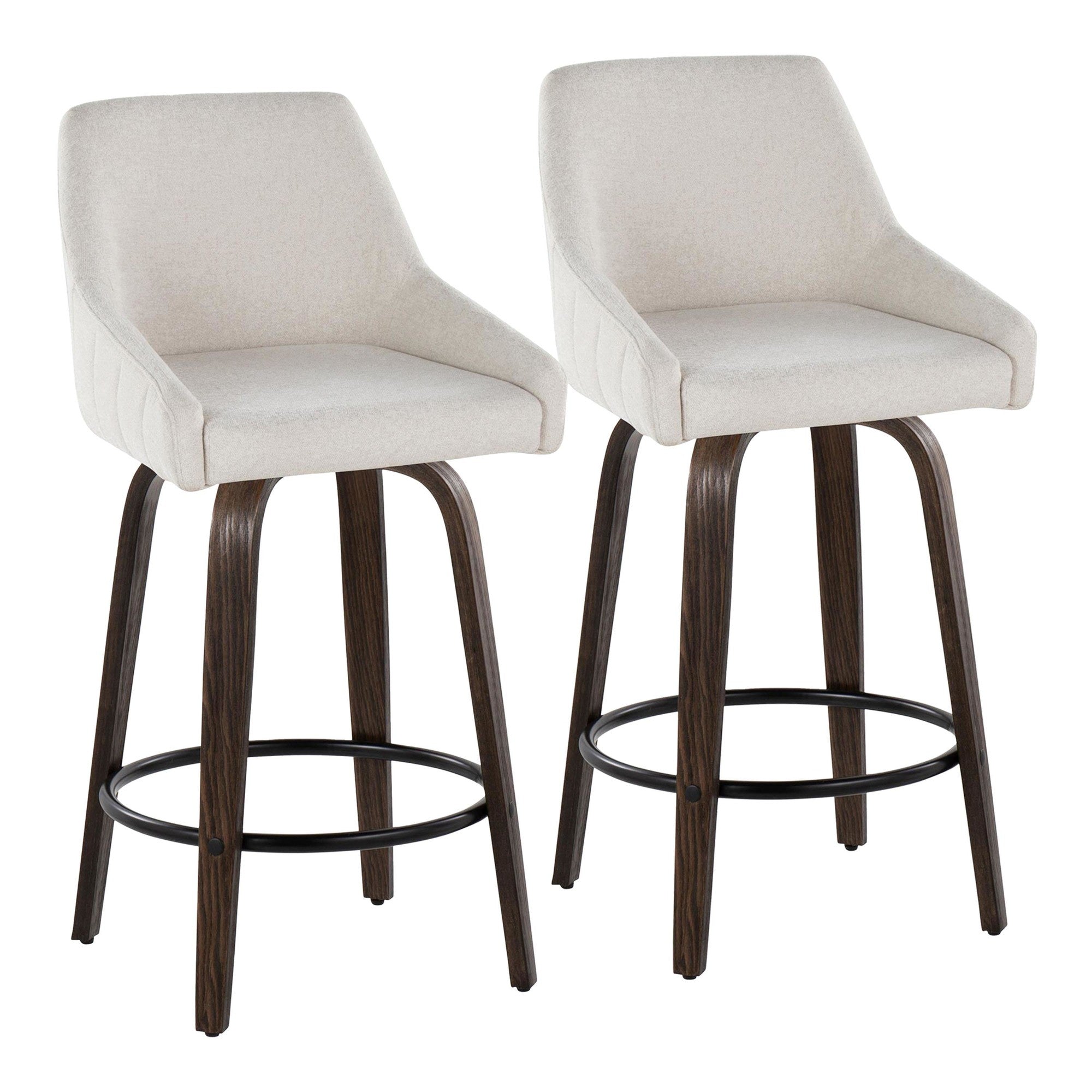 Hannah 26" Fixed-Height Counter Stool - Set of 2 - Walnut Glazed Wood, Cream Fabric, Black Metal