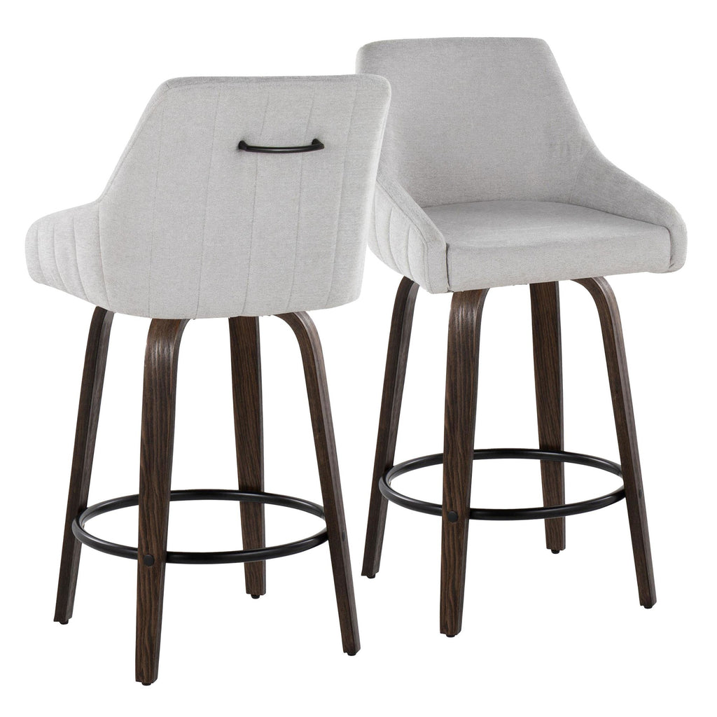 Hannah 26" Fixed-Height Counter Stool - Set of 2 - Walnut Glazed Wood, Grey Fabric, Black Metal
