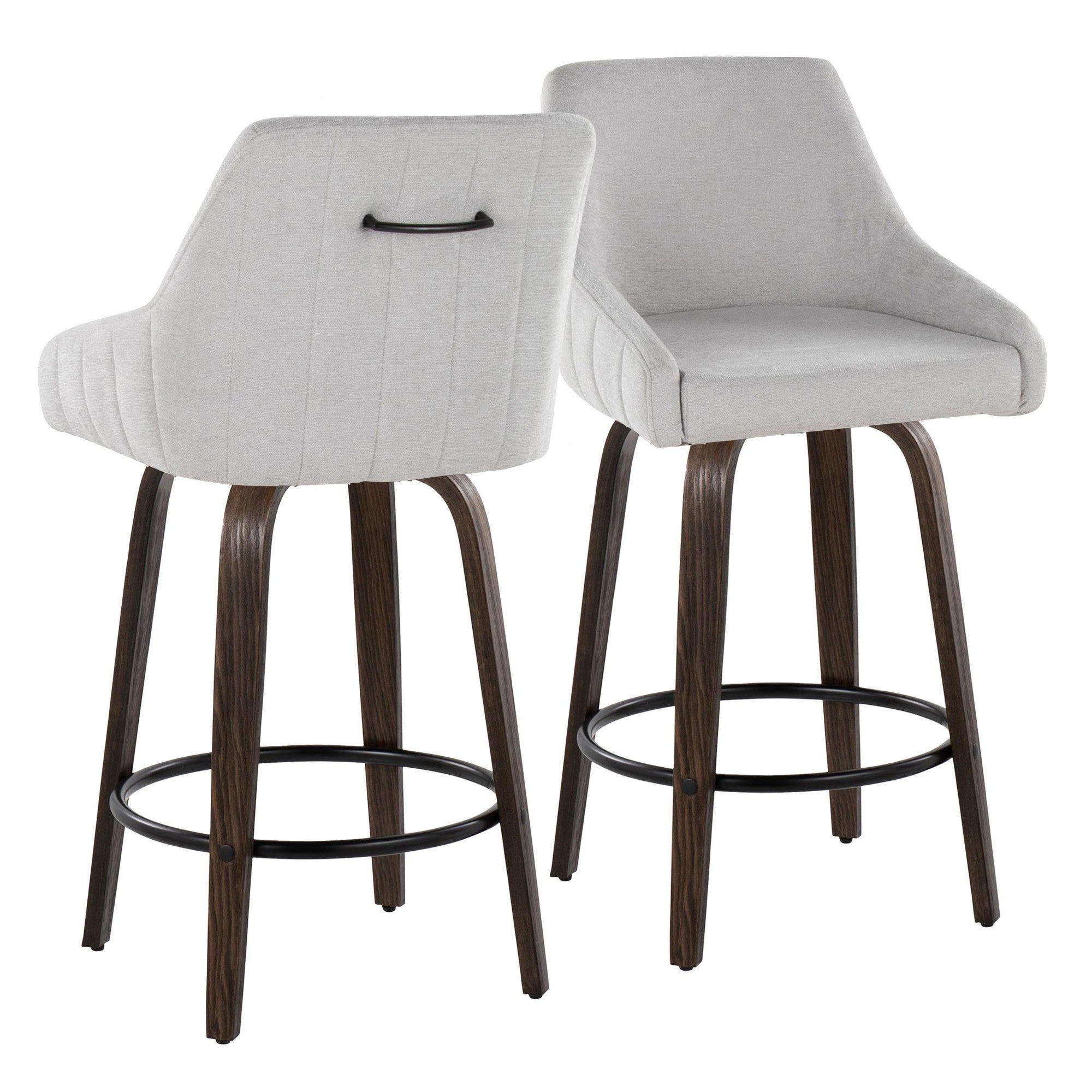 Hannah 26" Fixed-Height Counter Stool - Set of 2 - Walnut Glazed Wood, Grey Fabric, Black Metal
