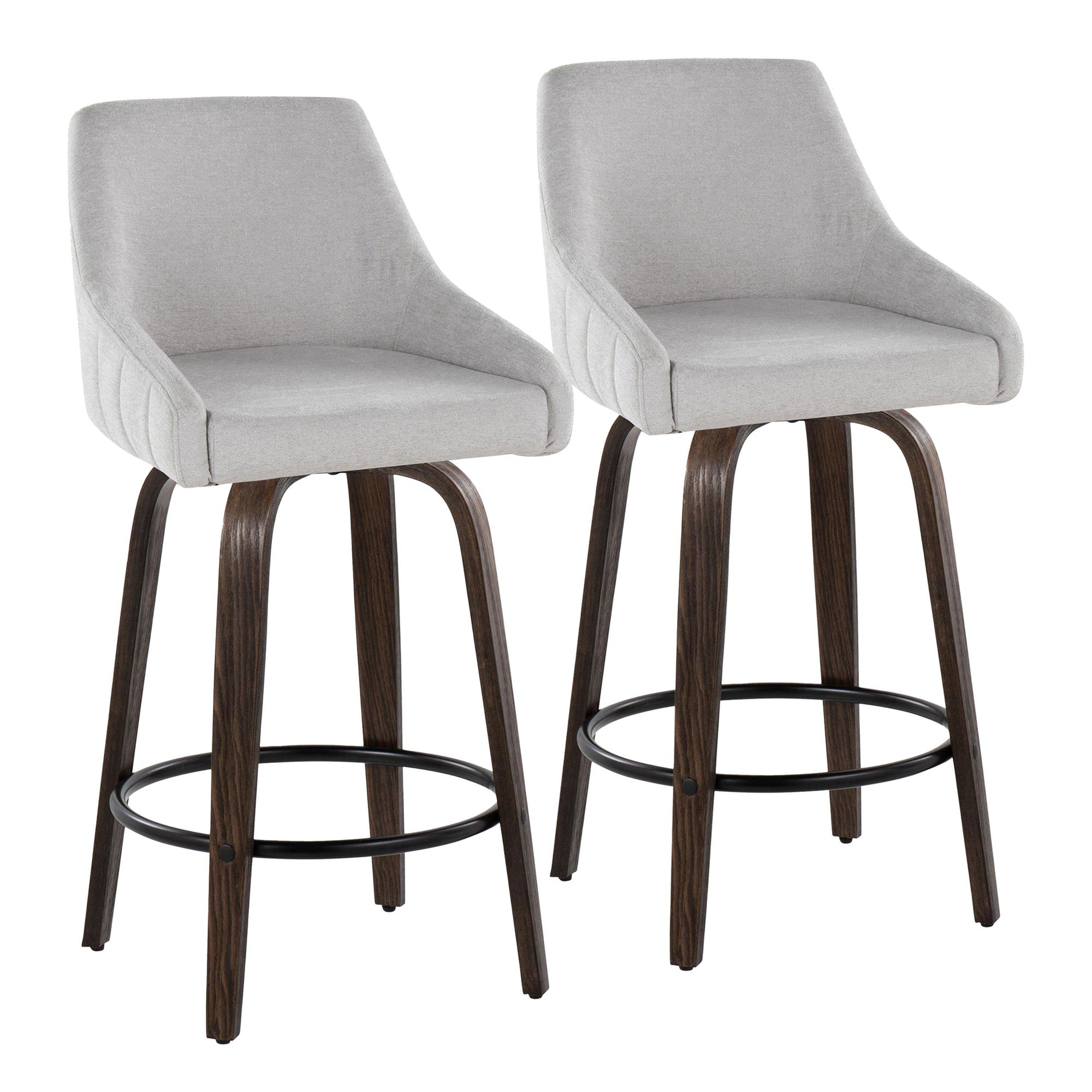 Hannah 26" Fixed-Height Counter Stool - Set of 2 - Walnut Glazed Wood, Grey Fabric, Black Metal