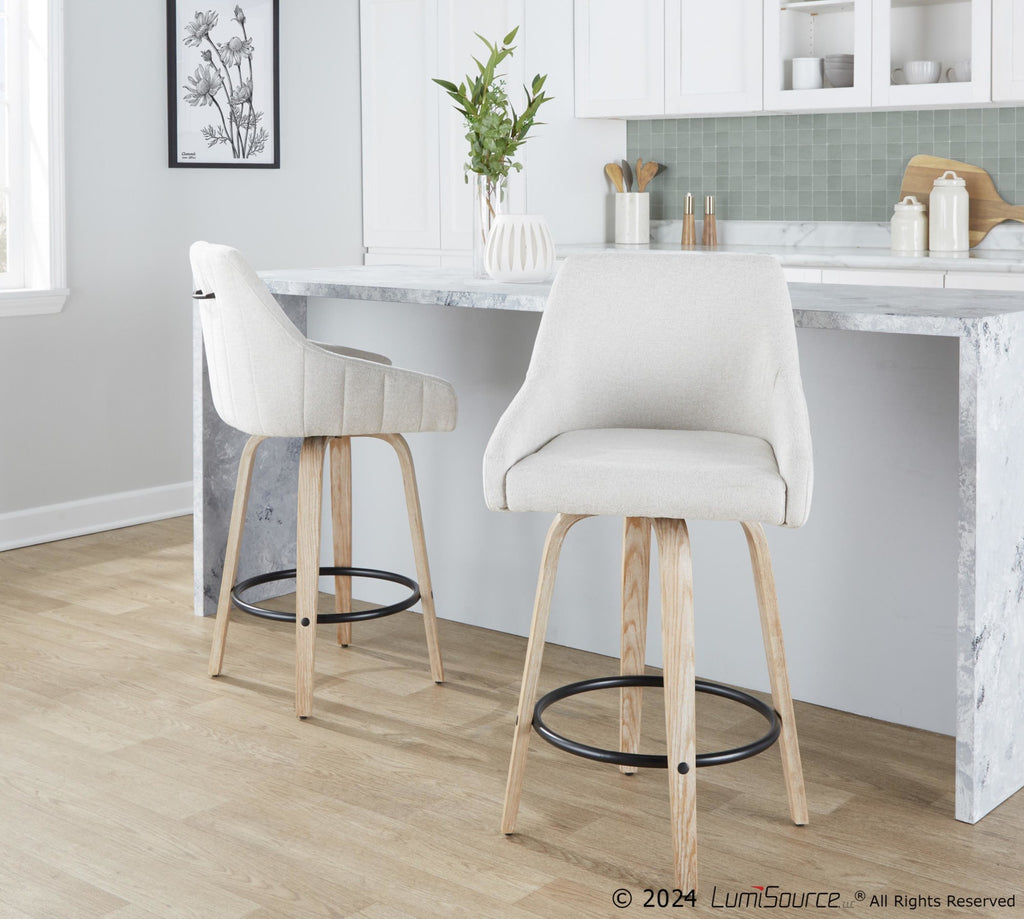 Hannah 26" Fixed-Height Counter Stool - Set of 2 - Whitewashed Wood, Cream Fabric, Black Metal