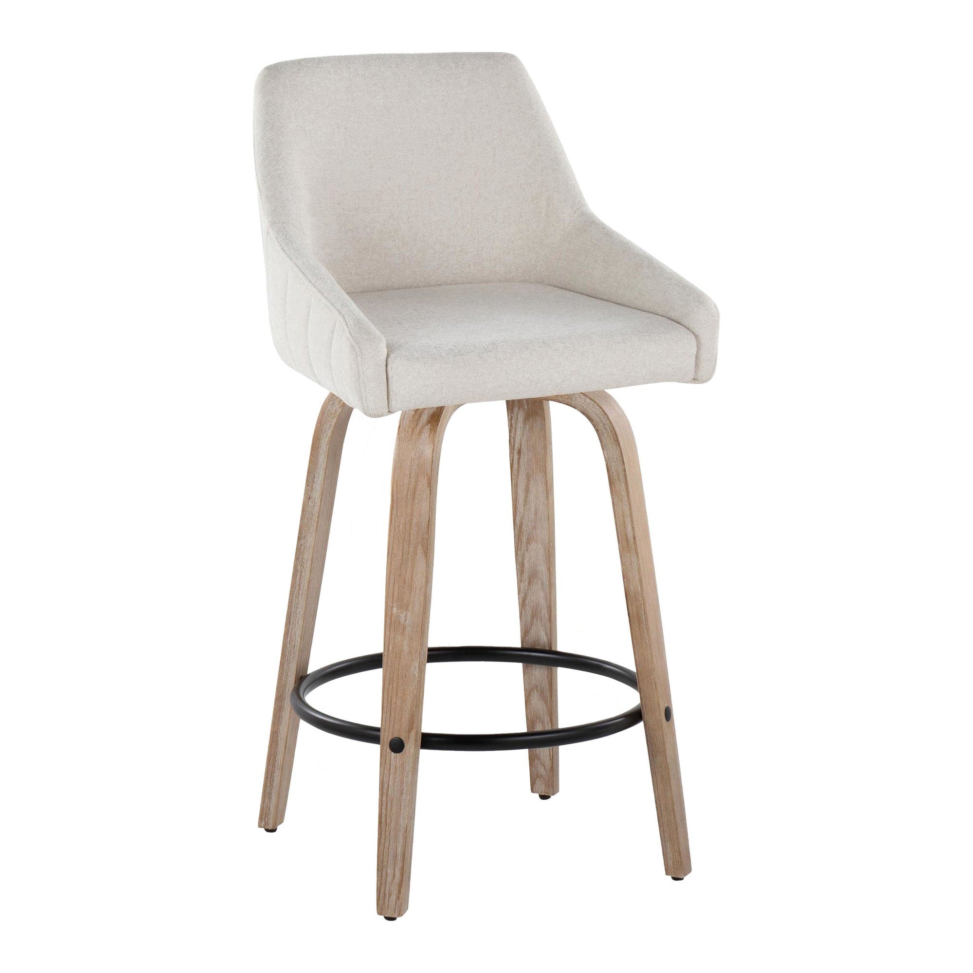 Hannah 26" Fixed-Height Counter Stool - Set of 2 - Whitewashed Wood, Cream Fabric, Black Metal