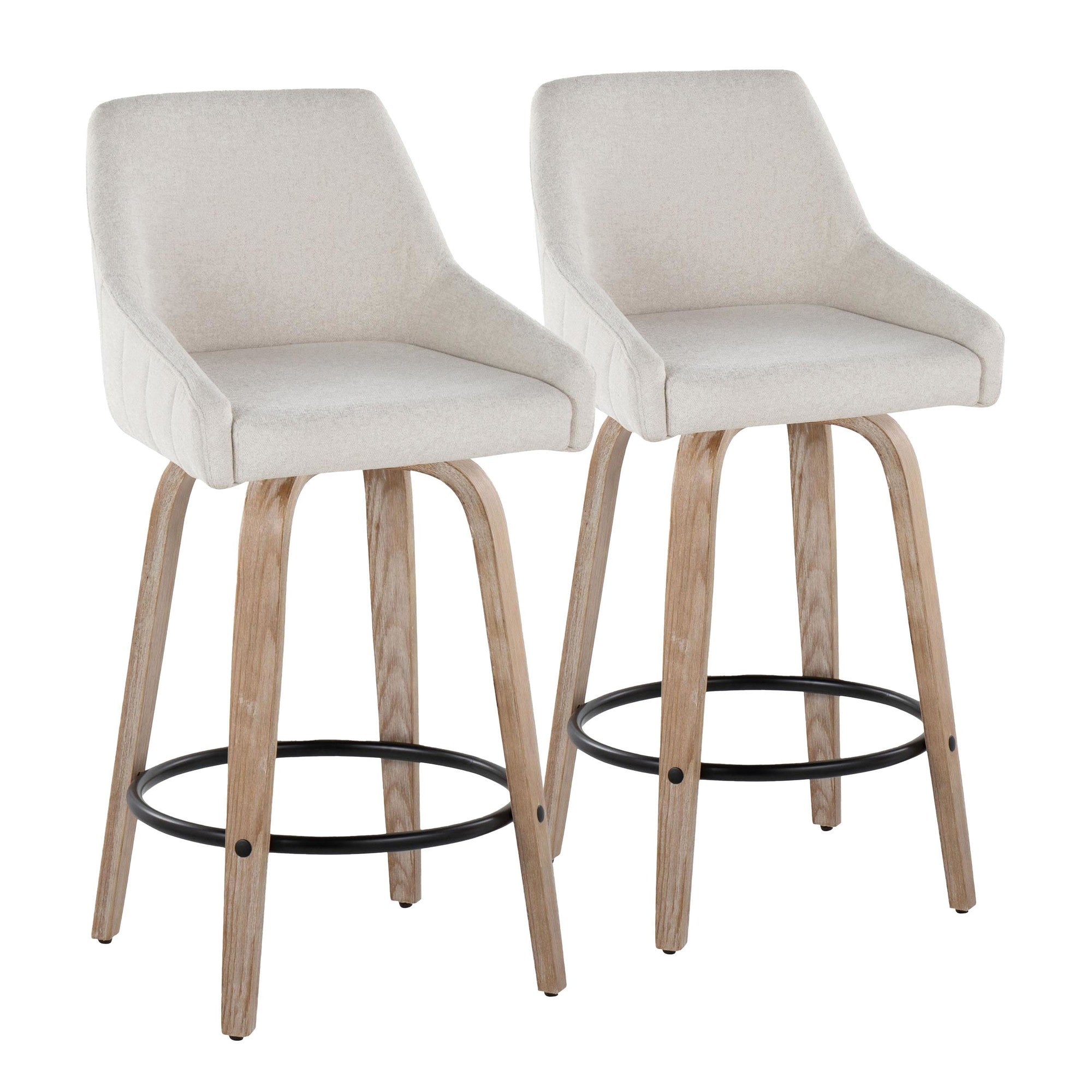 Hannah 26" Fixed-Height Counter Stool - Set of 2 - Whitewashed Wood, Cream Fabric, Black Metal