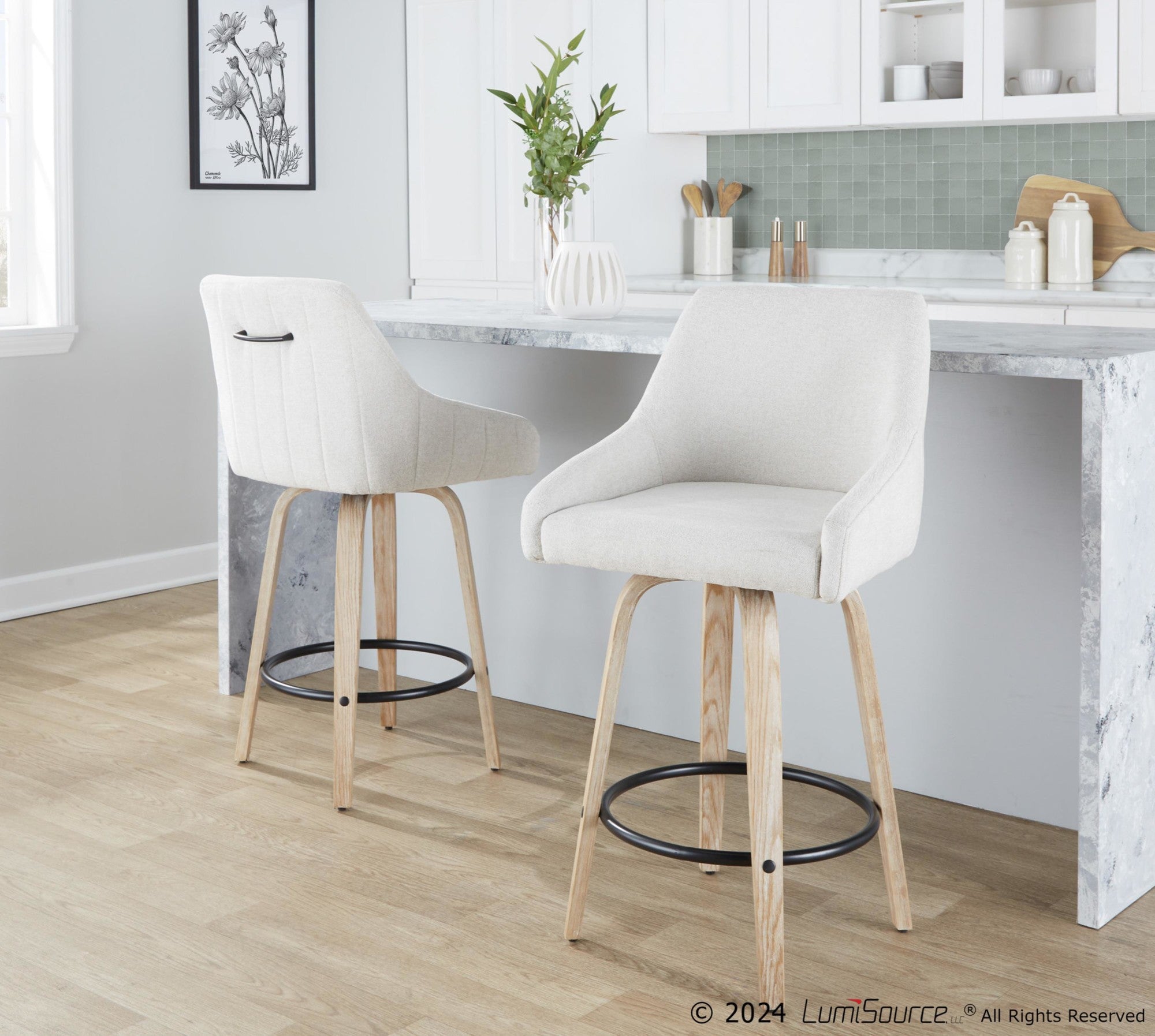 Hannah 26" Fixed-Height Counter Stool - Set of 2 - Whitewashed Wood, Cream Fabric, Black Metal