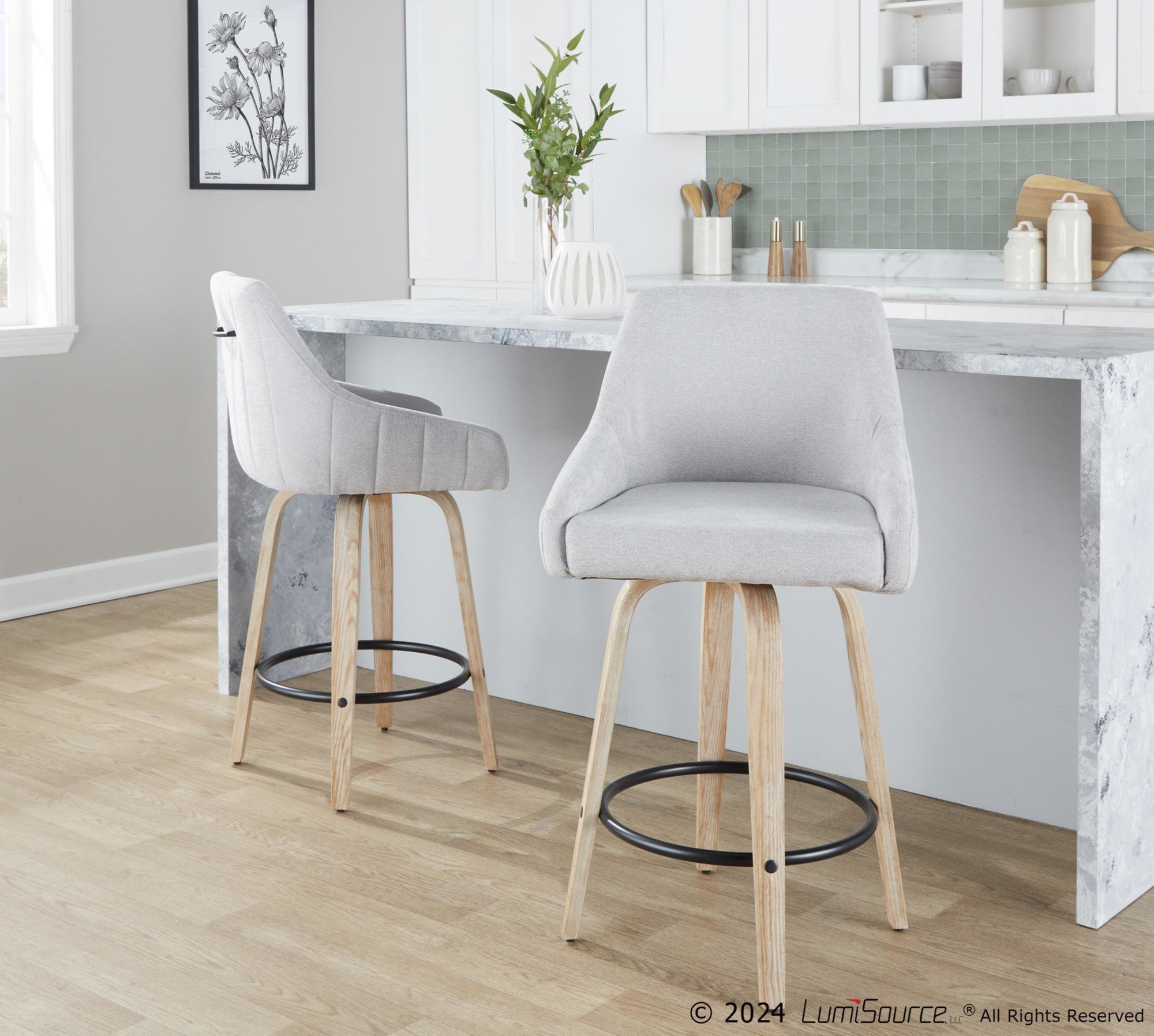 Hannah 26" Fixed-Height Counter Stool - Set of 2 - Whitewashed Wood, Grey Fabric, Black Metal