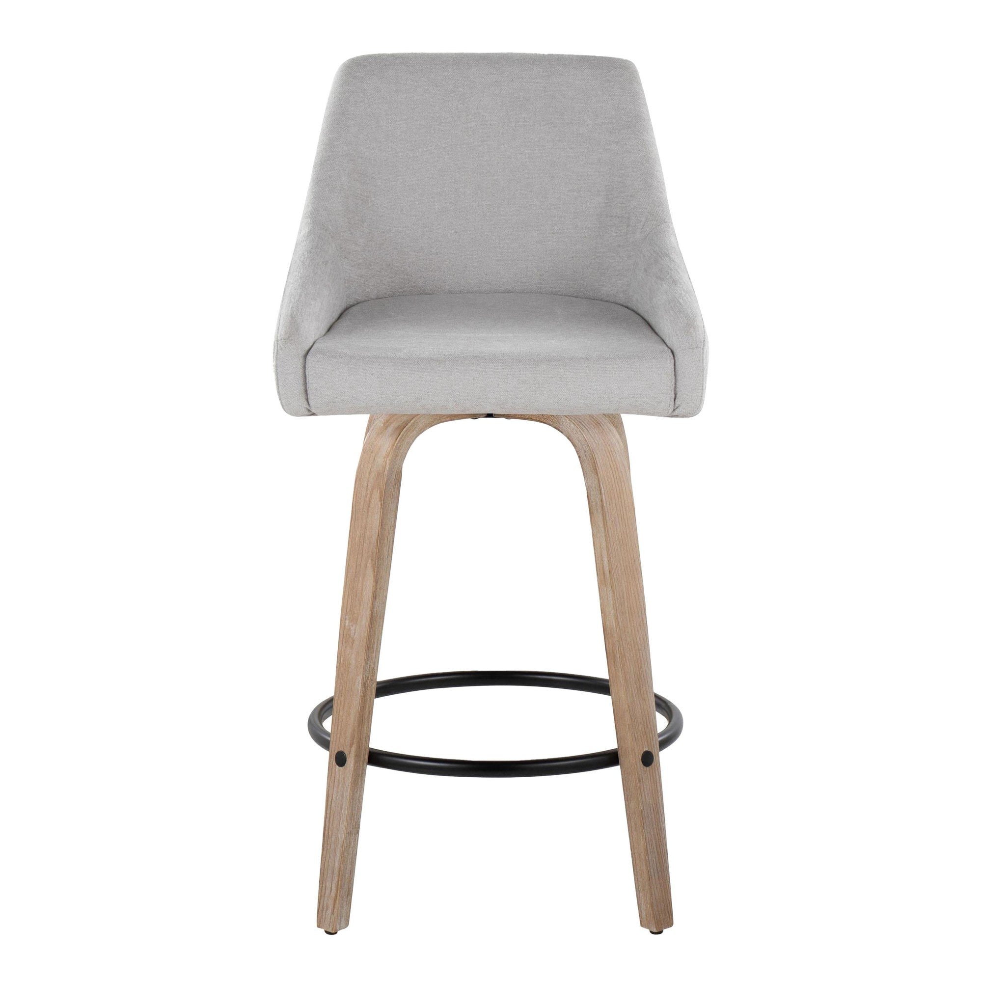 Hannah 26" Fixed-Height Counter Stool - Set of 2 - Whitewashed Wood, Grey Fabric, Black Metal