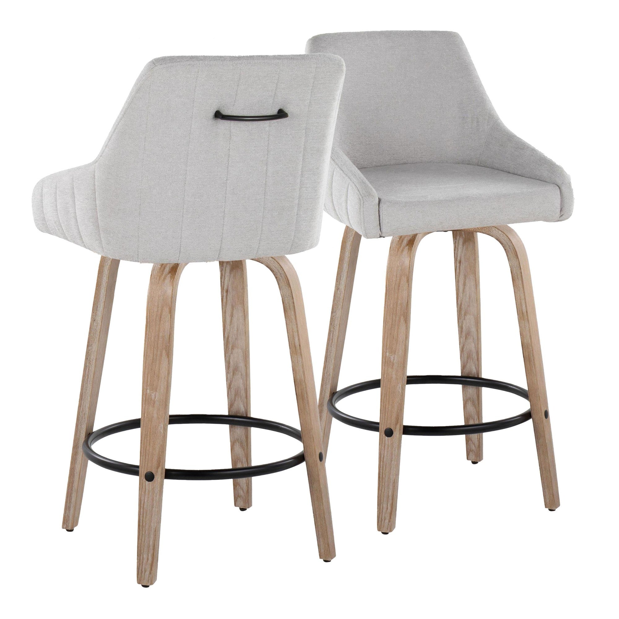 Hannah 26" Fixed-Height Counter Stool - Set of 2 - Whitewashed Wood, Grey Fabric, Black Metal