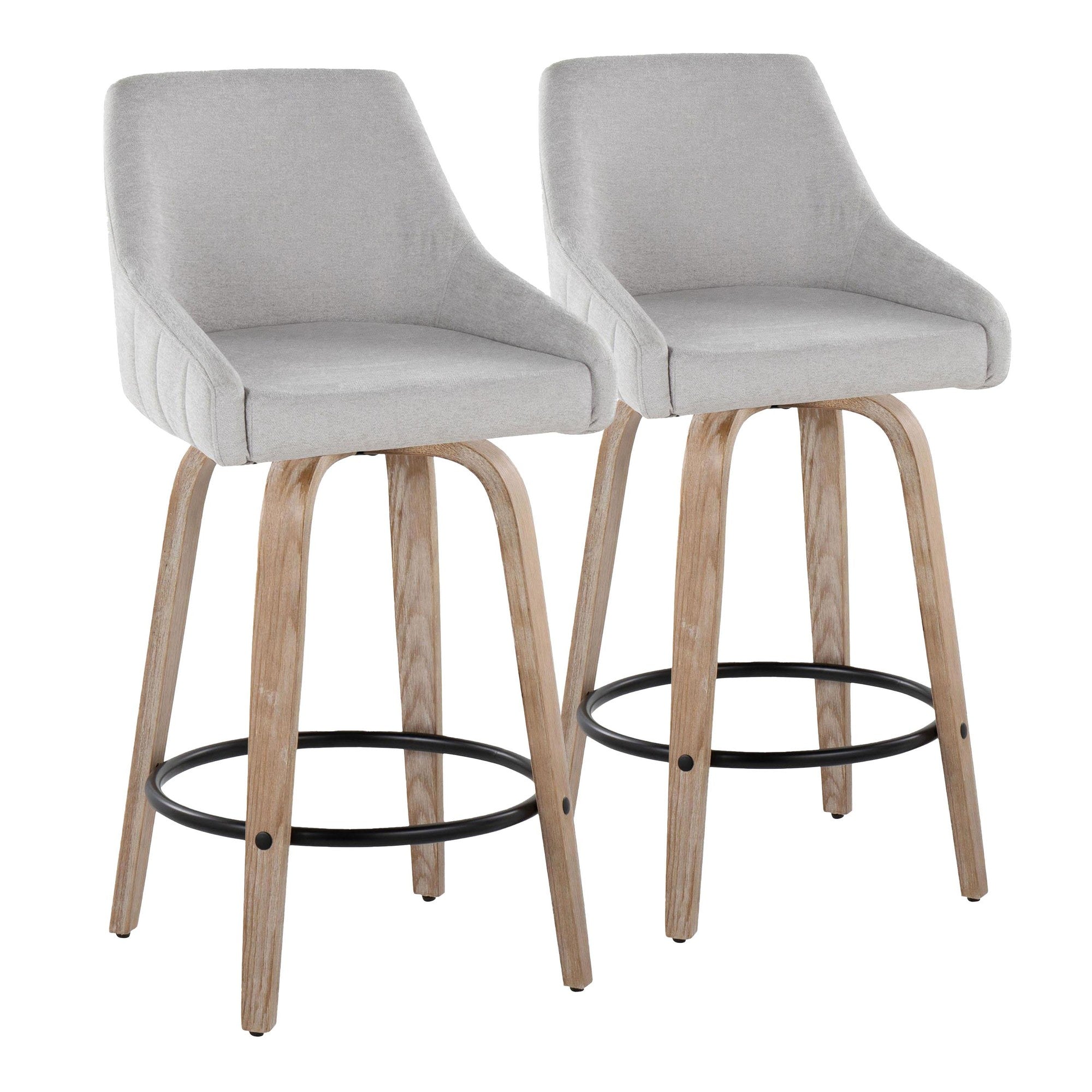 Hannah 26" Fixed-Height Counter Stool - Set of 2 - Whitewashed Wood, Grey Fabric, Black Metal