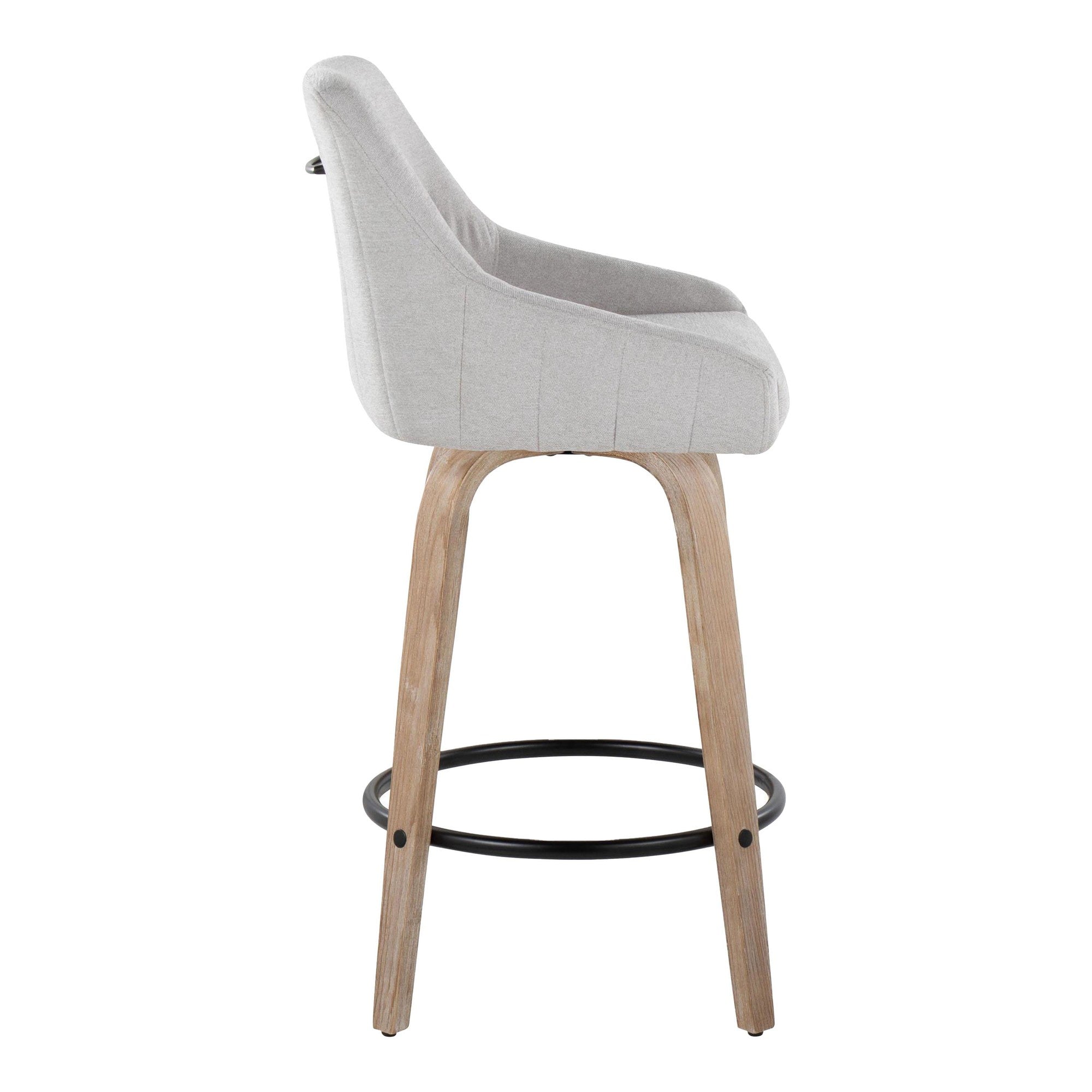 Hannah 26" Fixed-Height Counter Stool - Set of 2 - Whitewashed Wood, Grey Fabric, Black Metal