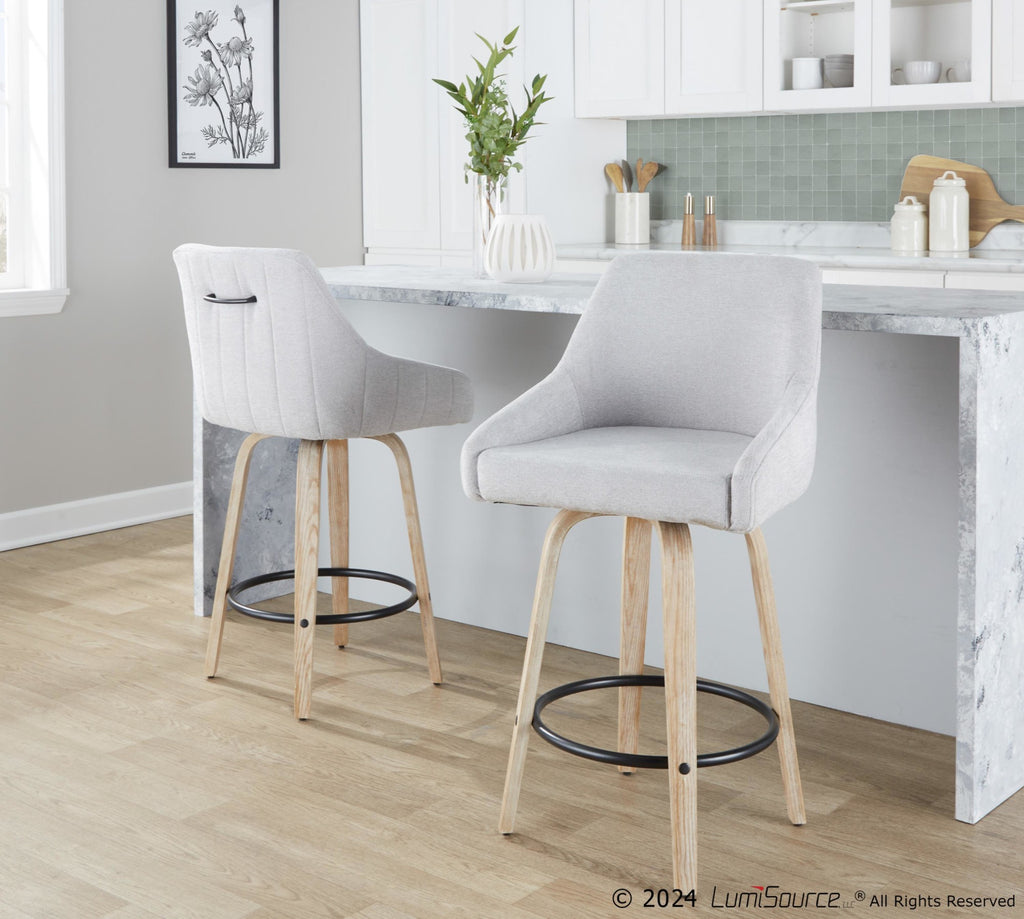 Hannah 26" Fixed-Height Counter Stool - Set of 2 - Whitewashed Wood, Grey Fabric, Black Metal
