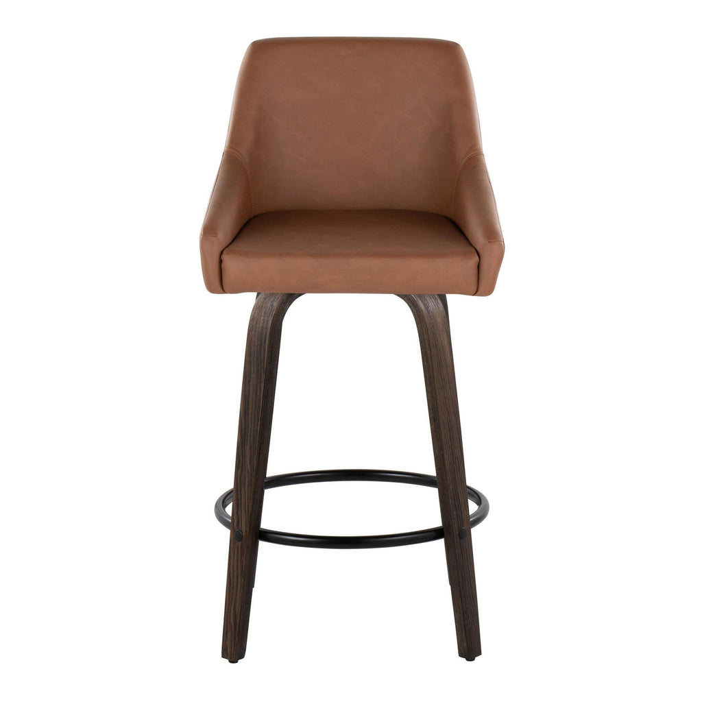 Hannah 26" Fixed-Height Counter Stool - Set of 2 - Walnut Glazed Wood, Camel PU, Black Metal