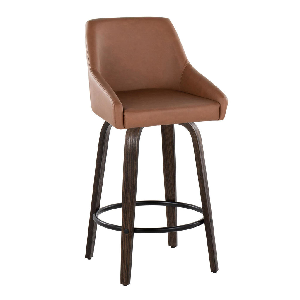 Hannah 26" Fixed-Height Counter Stool - Set of 2 - Walnut Glazed Wood, Camel PU, Black Metal