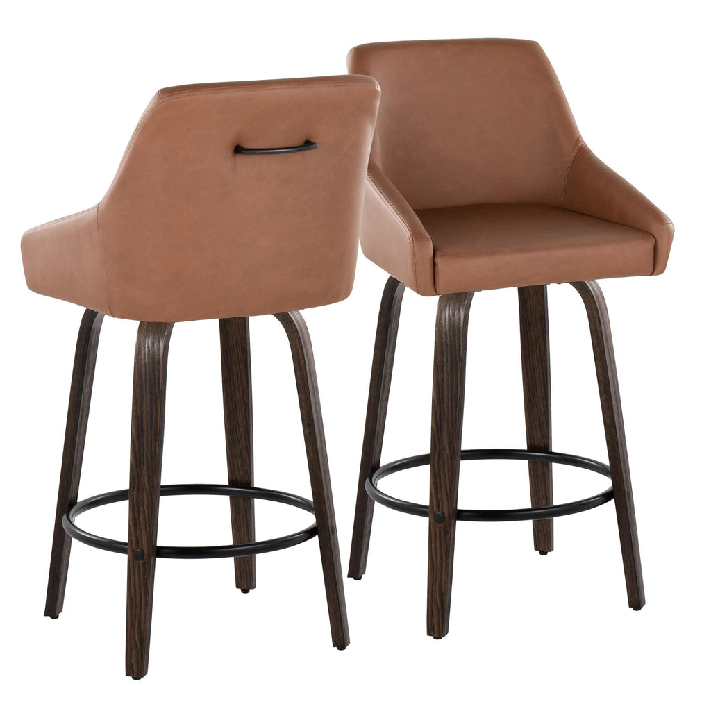 Hannah 26" Fixed-Height Counter Stool - Set of 2 - Walnut Glazed Wood, Camel PU, Black Metal