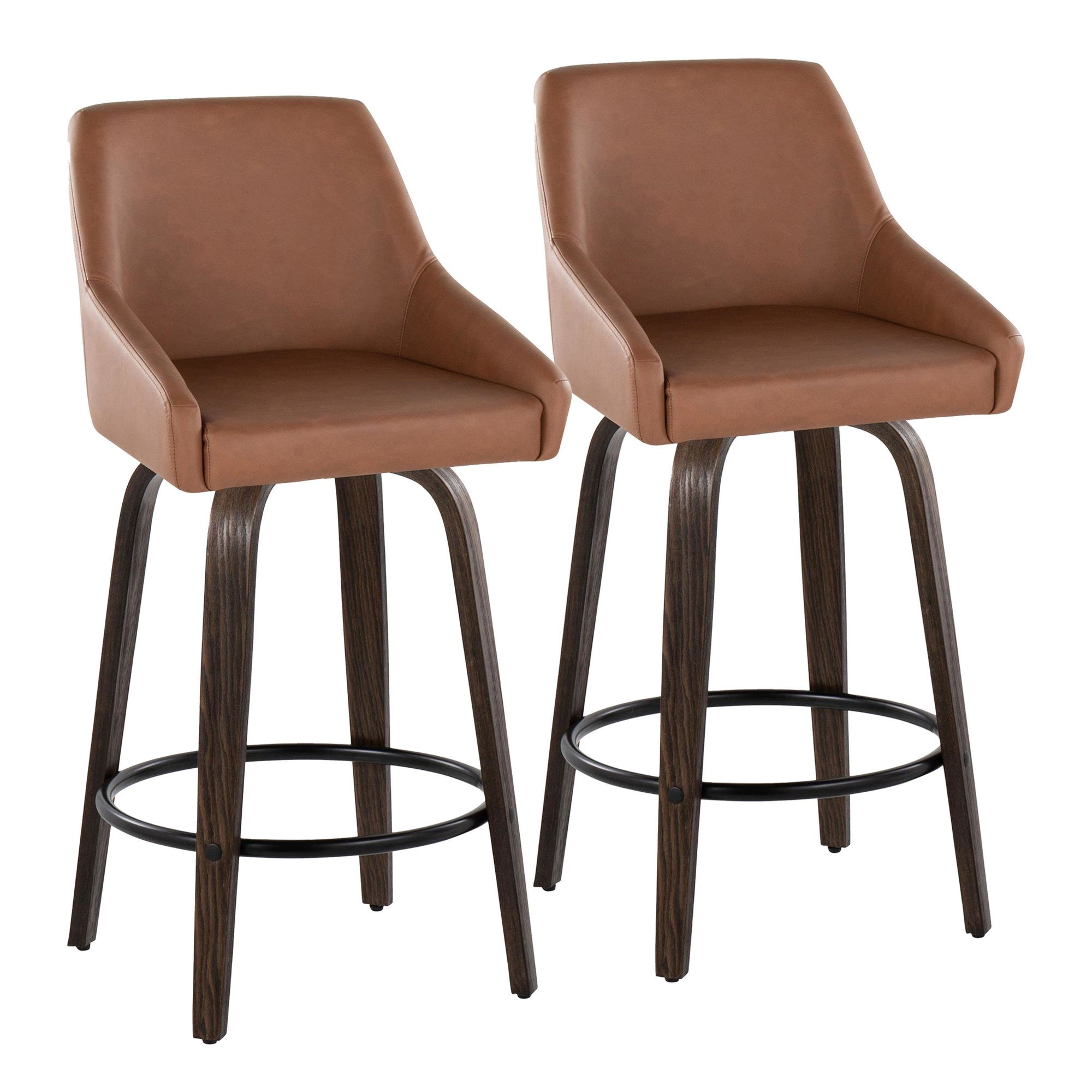 Hannah 26" Fixed-Height Counter Stool - Set of 2 - Walnut Glazed Wood, Camel PU, Black Metal