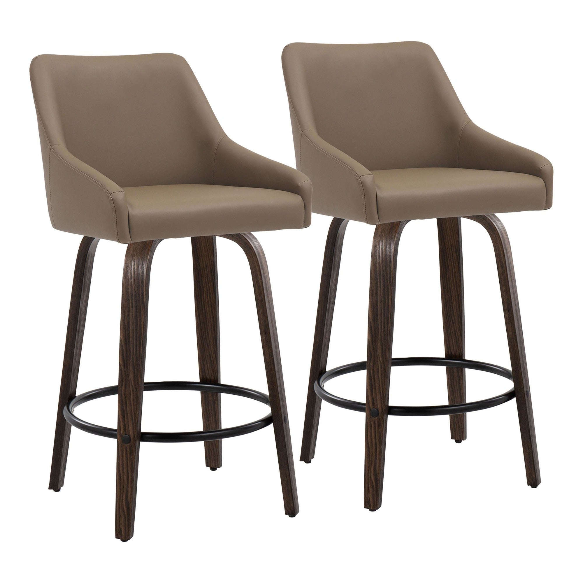 Hannah 26" Fixed-Height Counter Stool - Set of 2 - Walnut Glazed Wood, Brown PU, Black Metal