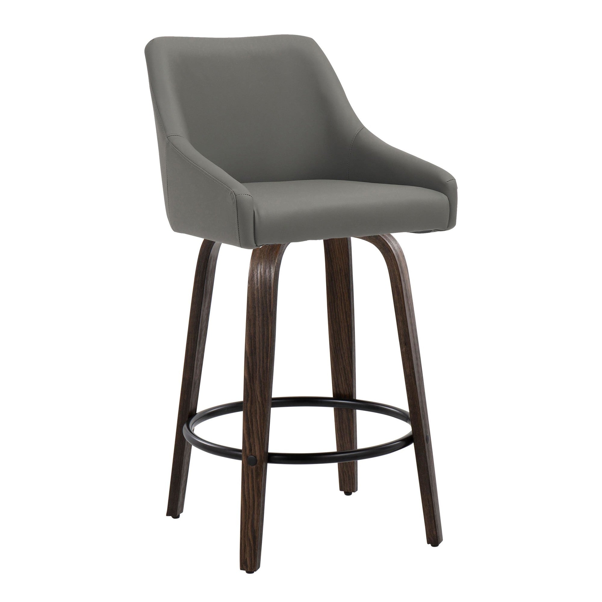 Hannah 26" Fixed-Height Counter Stool - Set of 2 - Walnut Glazed Wood, Dark Grey PU, Black Metal