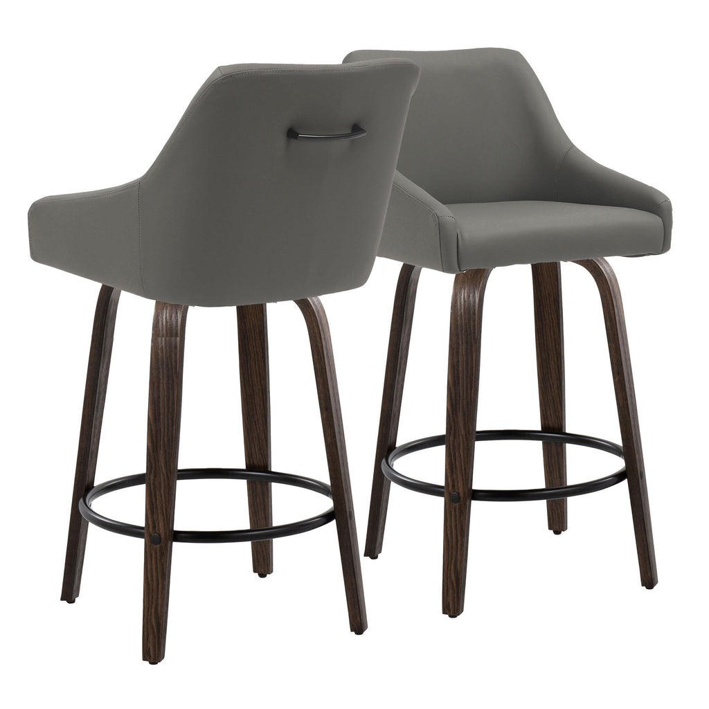 Hannah 26" Fixed-Height Counter Stool - Set of 2 - Walnut Glazed Wood, Dark Grey PU, Black Metal
