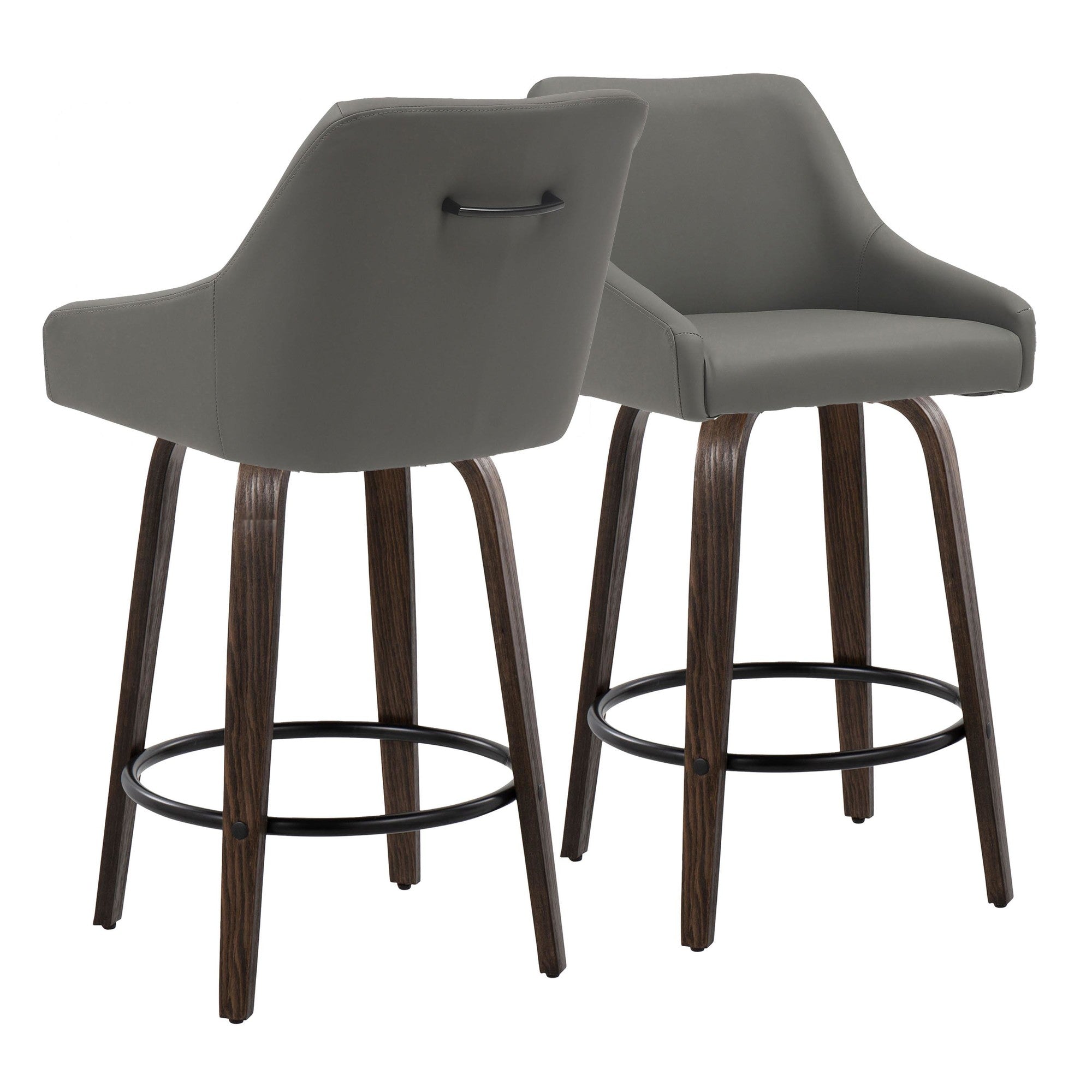 Hannah 26" Fixed-Height Counter Stool - Set of 2 - Walnut Glazed Wood, Dark Grey PU, Black Metal