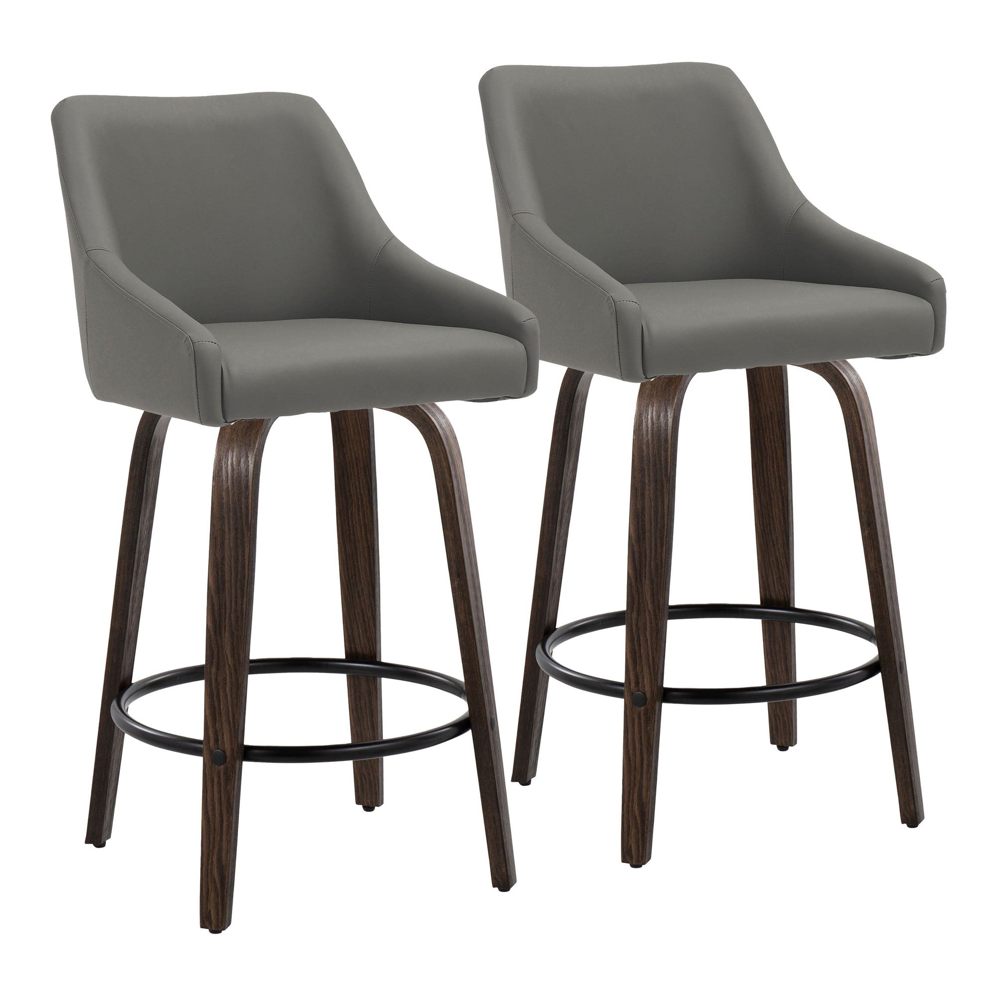 Hannah 26" Fixed-Height Counter Stool - Set of 2 - Walnut Glazed Wood, Dark Grey PU, Black Metal