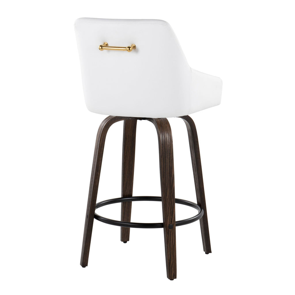 Hannah 26" Fixed-Height Counter Stool - Set of 2 - Walnut Glazed Wood, White PU, Gold Metal, Black Metal