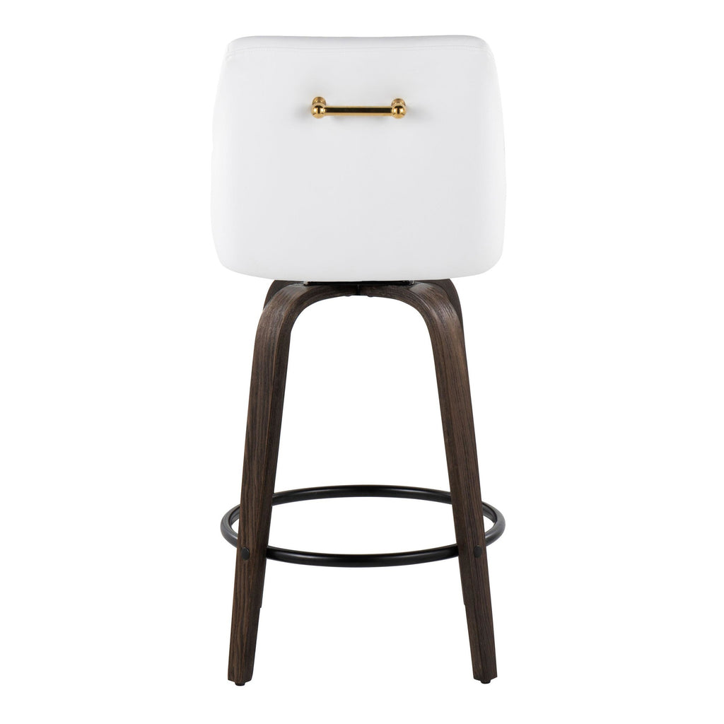 Hannah 26" Fixed-Height Counter Stool - Set of 2 - Walnut Glazed Wood, White PU, Gold Metal, Black Metal