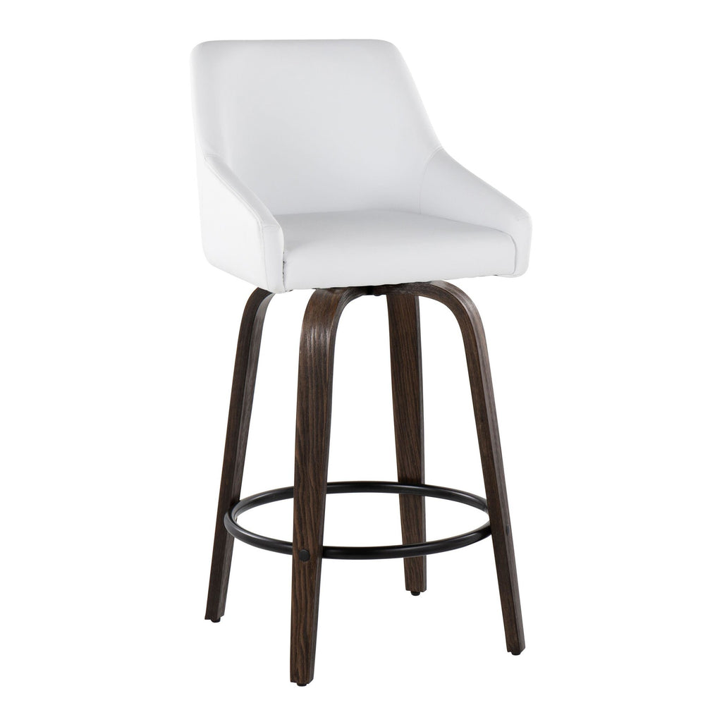 Hannah 26" Fixed-Height Counter Stool - Set of 2 - Walnut Glazed Wood, White PU, Gold Metal, Black Metal