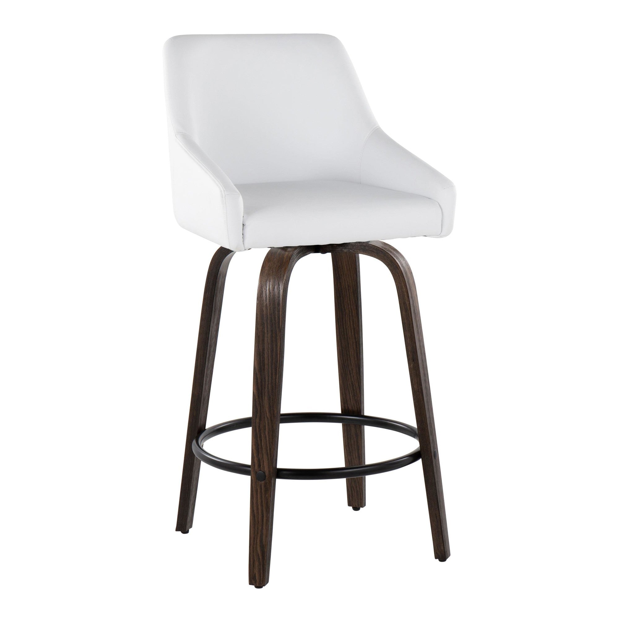 Hannah 26" Fixed-Height Counter Stool - Set of 2 - Walnut Glazed Wood, White PU, Gold Metal, Black Metal