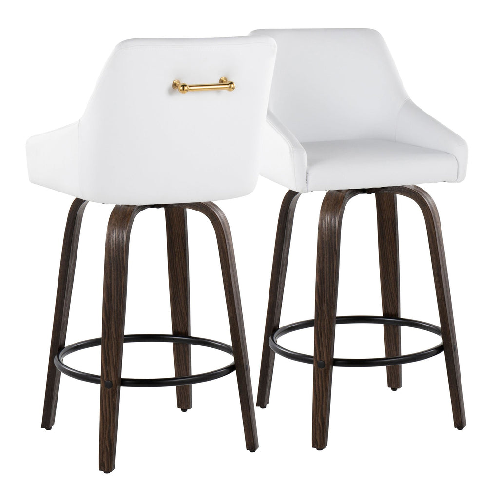 Hannah 26" Fixed-Height Counter Stool - Set of 2 - Walnut Glazed Wood, White PU, Gold Metal, Black Metal