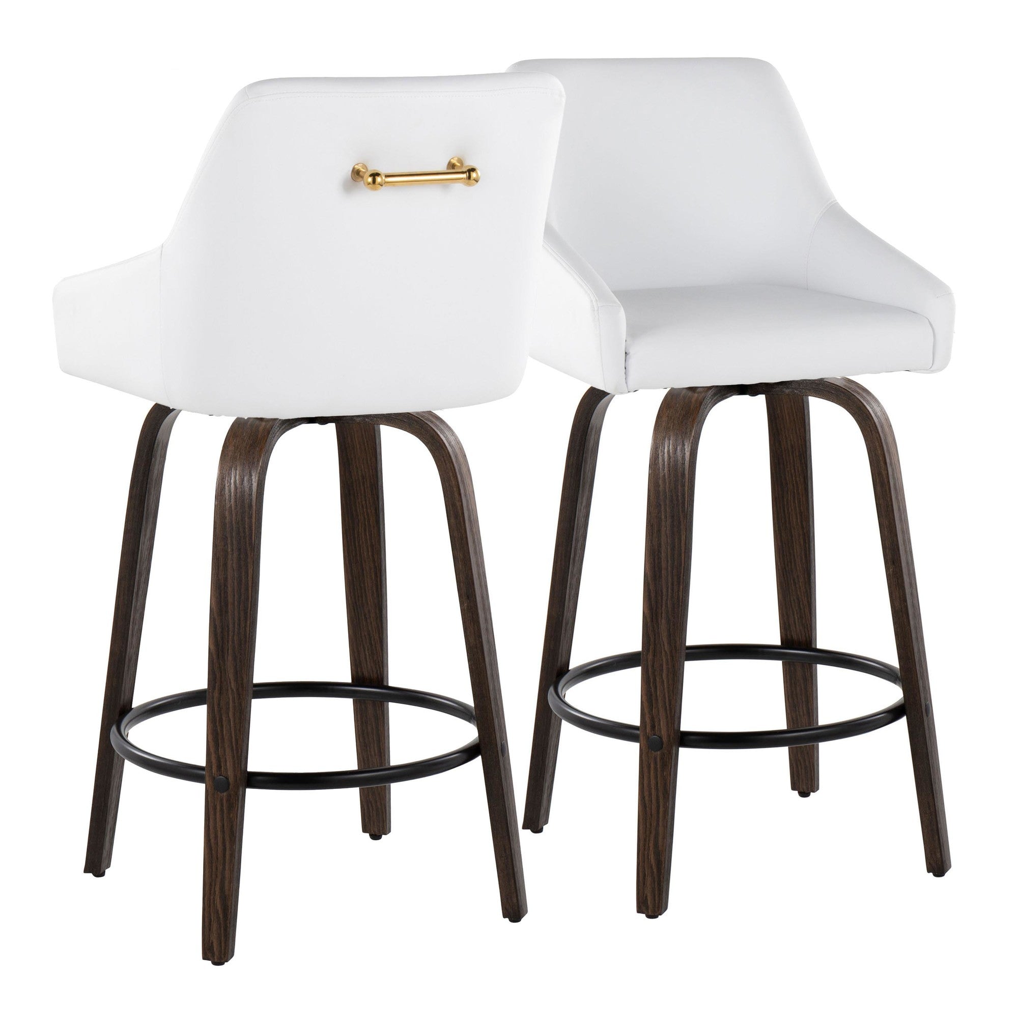 Hannah 26" Fixed-Height Counter Stool - Set of 2 - Walnut Glazed Wood, White PU, Gold Metal, Black Metal