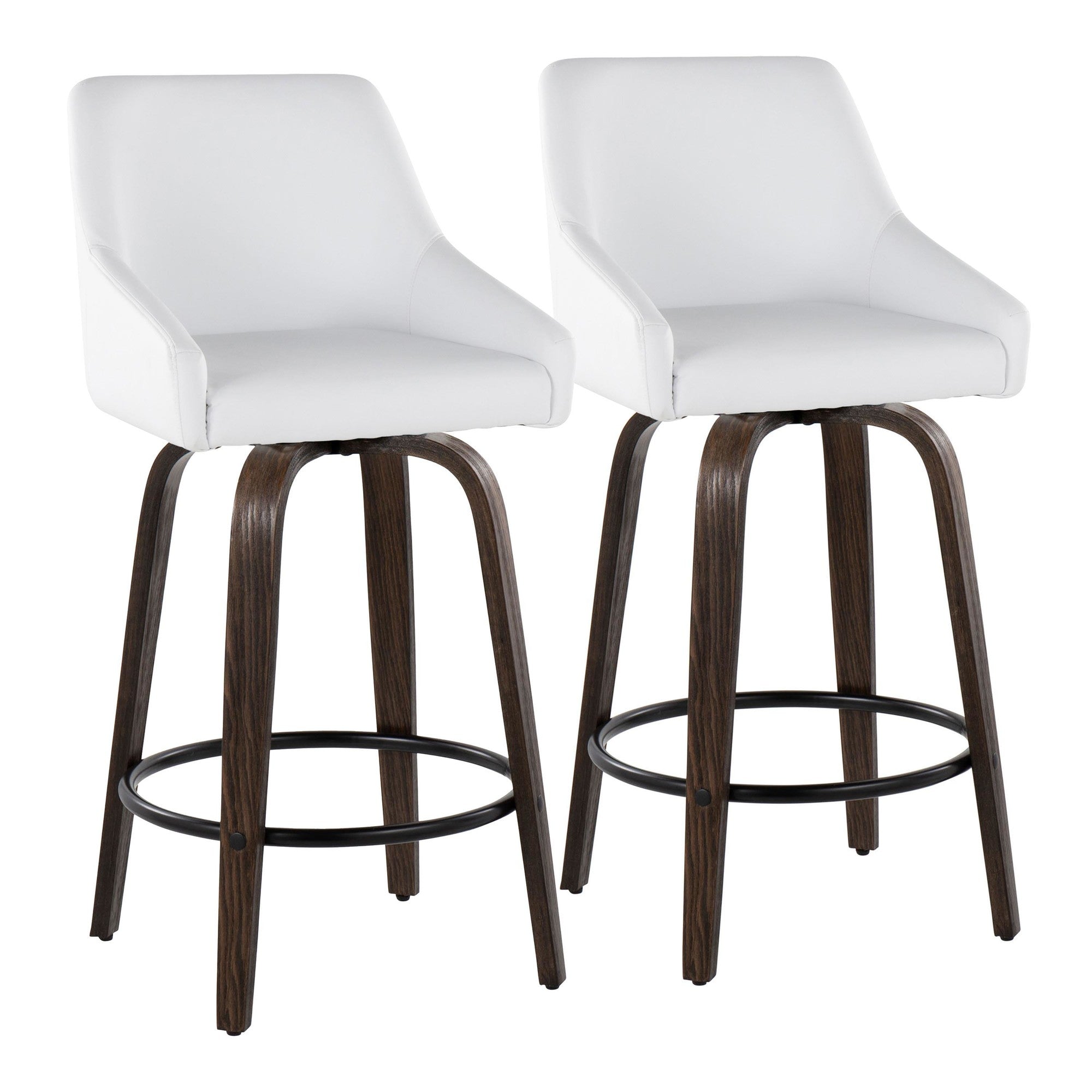Hannah 26" Fixed-Height Counter Stool - Set of 2 - Walnut Glazed Wood, White PU, Gold Metal, Black Metal