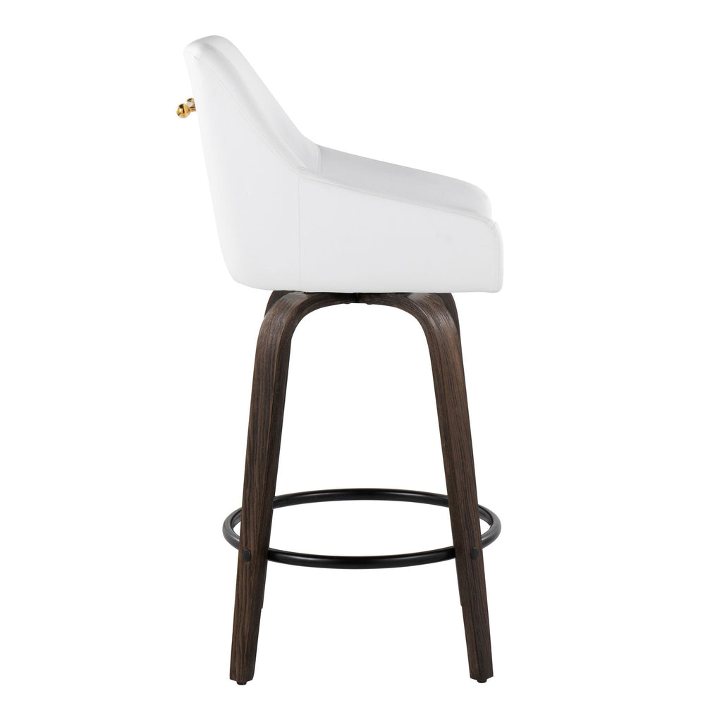 Hannah 26" Fixed-Height Counter Stool - Set of 2 - Walnut Glazed Wood, White PU, Gold Metal, Black Metal