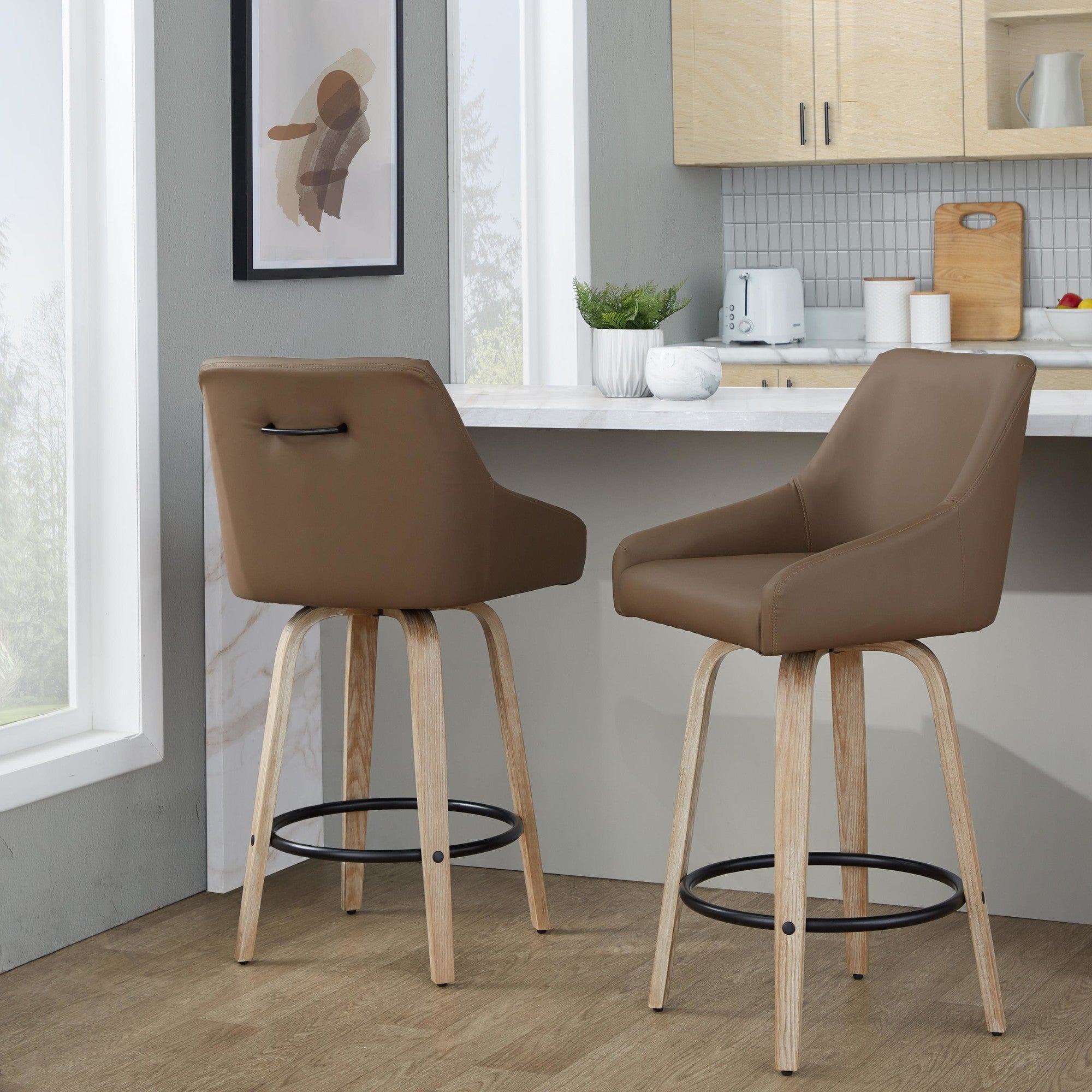 Hannah 26" Fixed-Height Counter Stool - Set of 2 - Whitewashed Wood, Brown PU, Black Metal