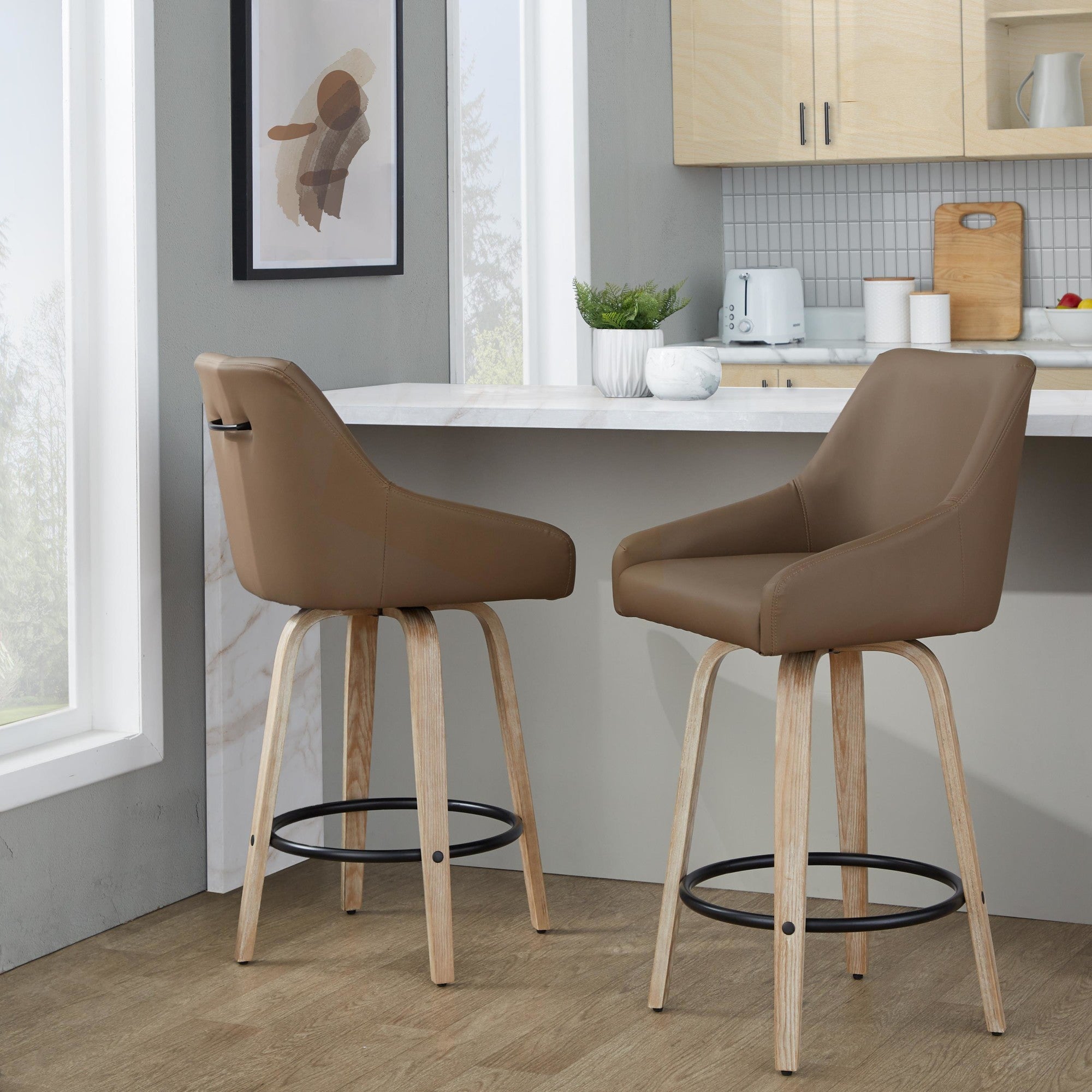 Hannah 26" Fixed-Height Counter Stool - Set of 2 - Whitewashed Wood, Brown PU, Black Metal