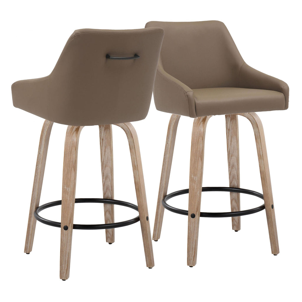 Hannah 26" Fixed-Height Counter Stool - Set of 2 - Whitewashed Wood, Brown PU, Black Metal