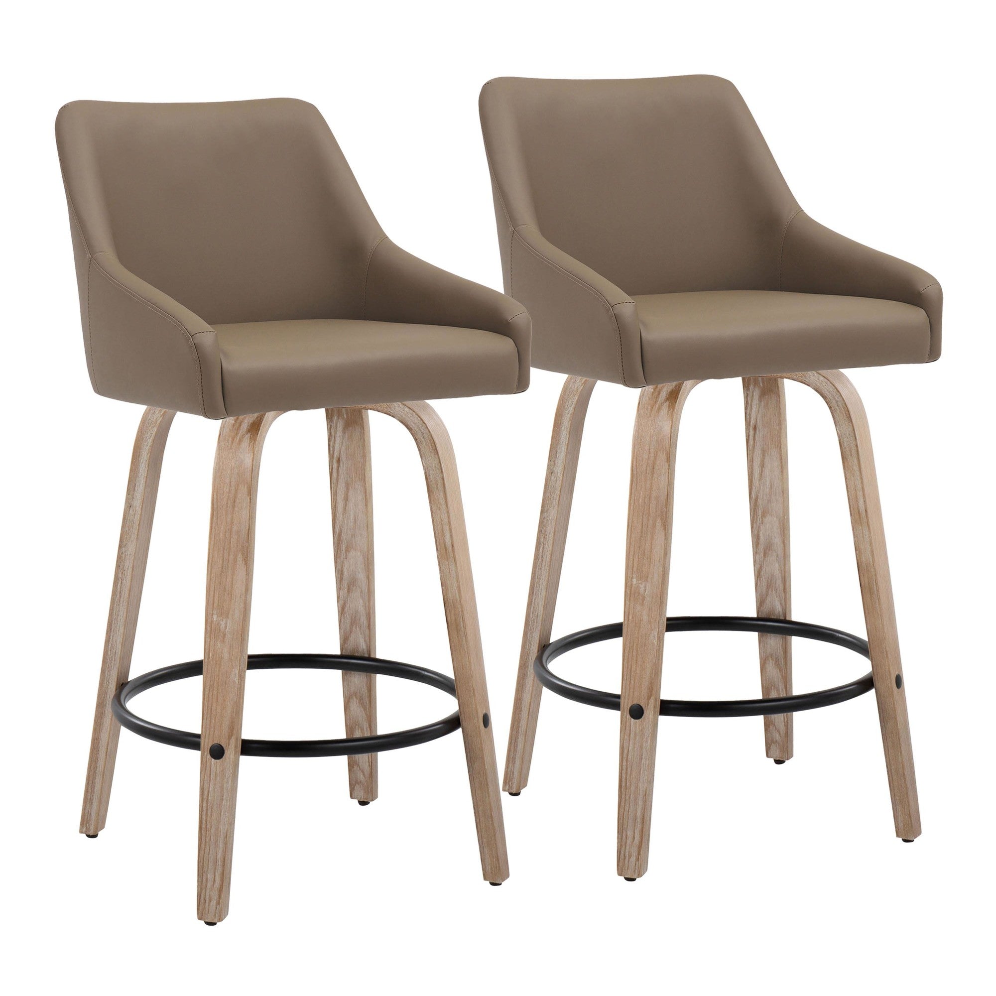 Hannah 26" Fixed-Height Counter Stool - Set of 2 - Whitewashed Wood, Brown PU, Black Metal