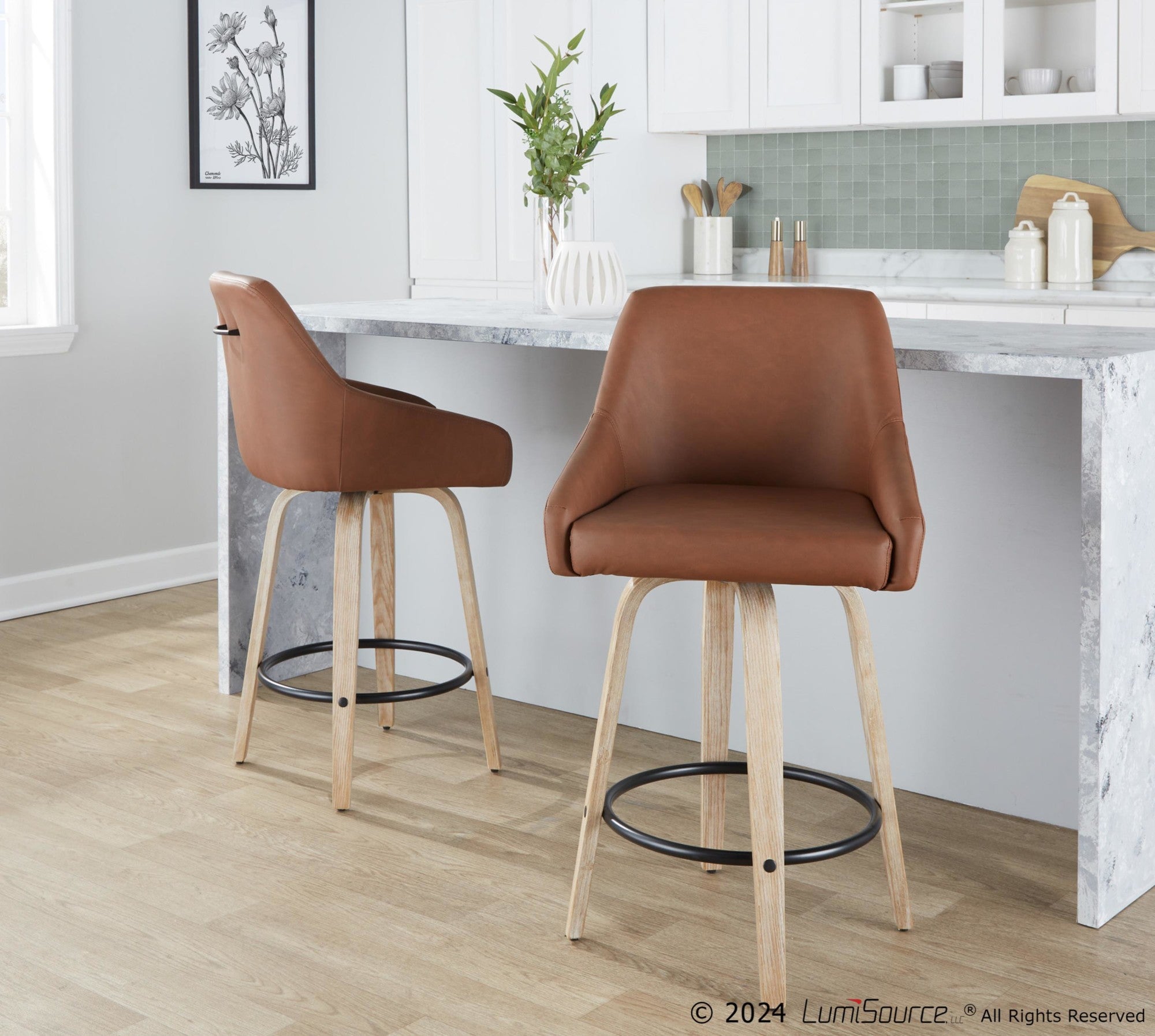 Hannah 26" Fixed-Height Counter Stool - Set of 2 - Whitewashed Wood, Camel PU, Black Metal