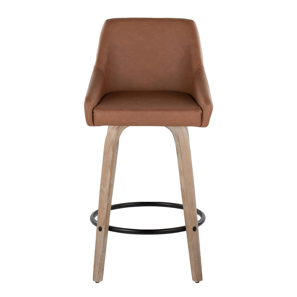 Hannah 26" Fixed-Height Counter Stool - Set of 2 - Whitewashed Wood, Camel PU, Black Metal