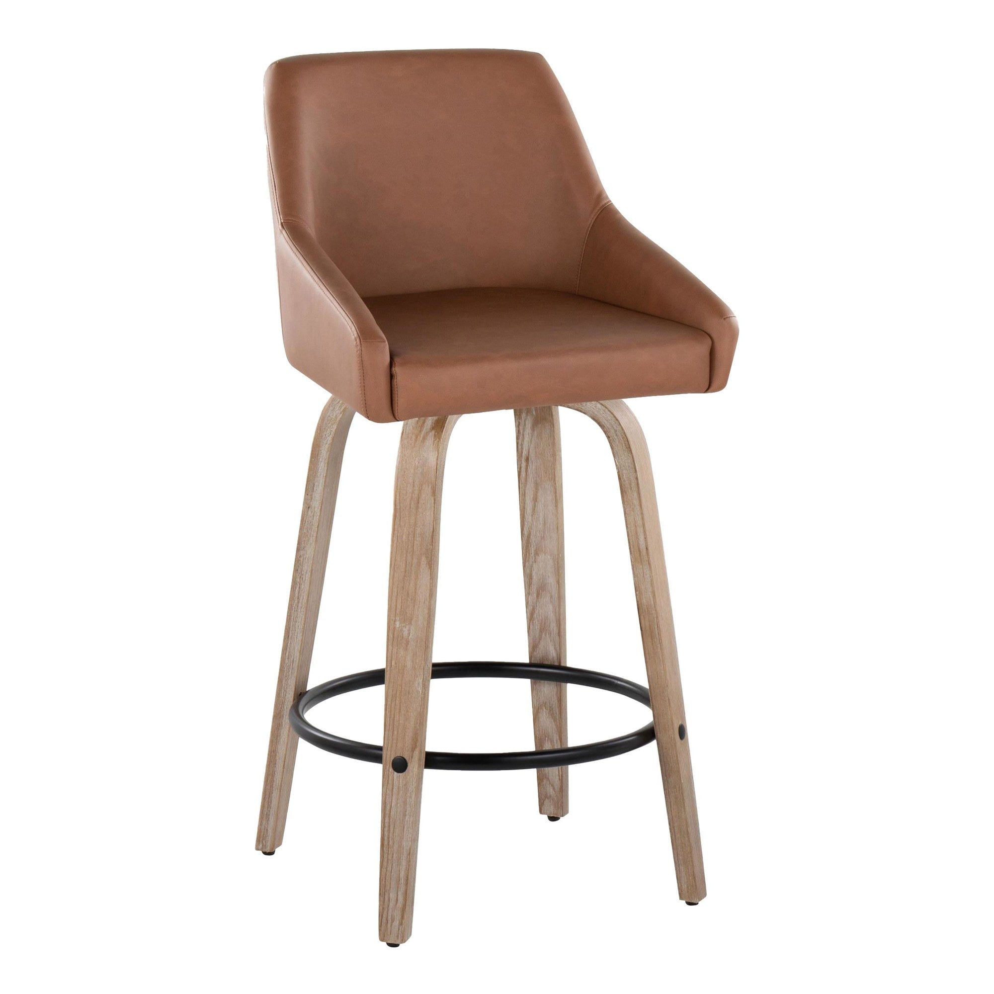 Hannah 26" Fixed-Height Counter Stool - Set of 2 - Whitewashed Wood, Camel PU, Black Metal