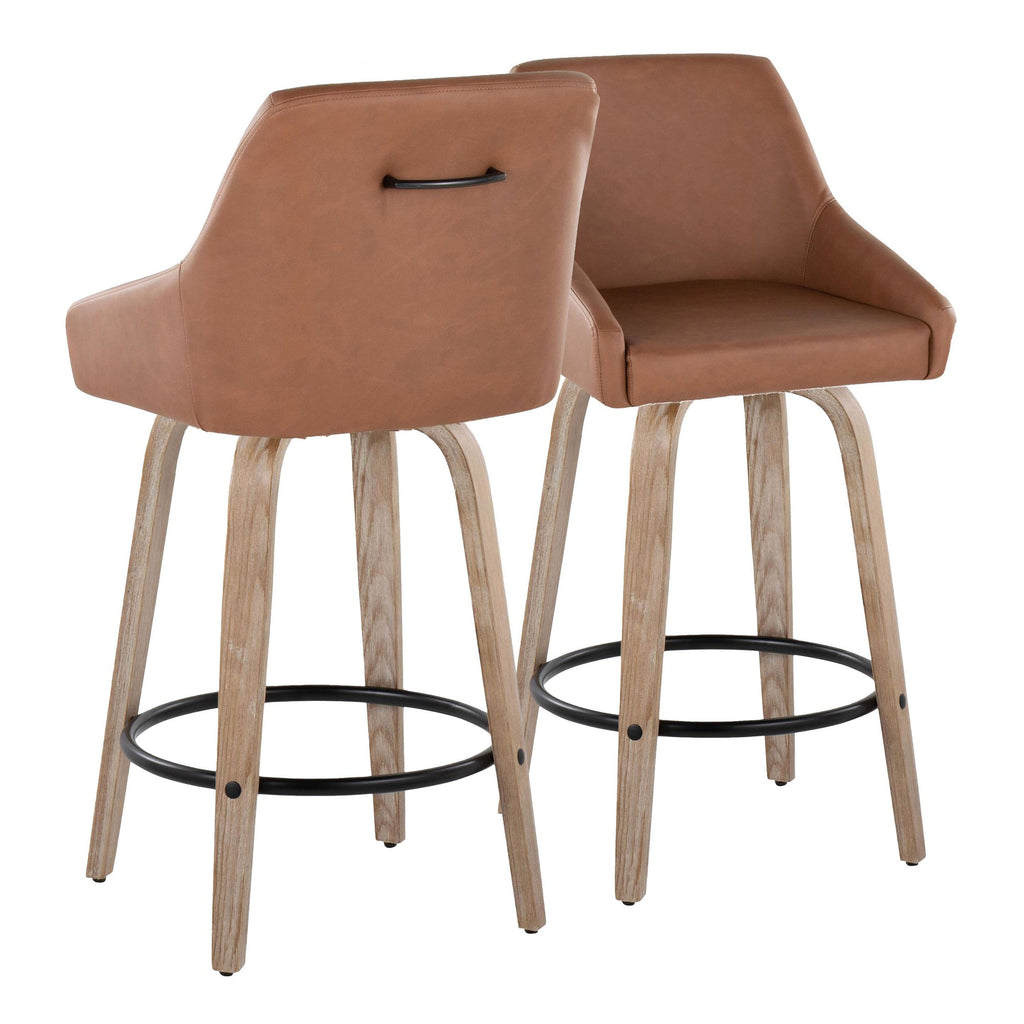 Hannah 26" Fixed-Height Counter Stool - Set of 2 - Whitewashed Wood, Camel PU, Black Metal