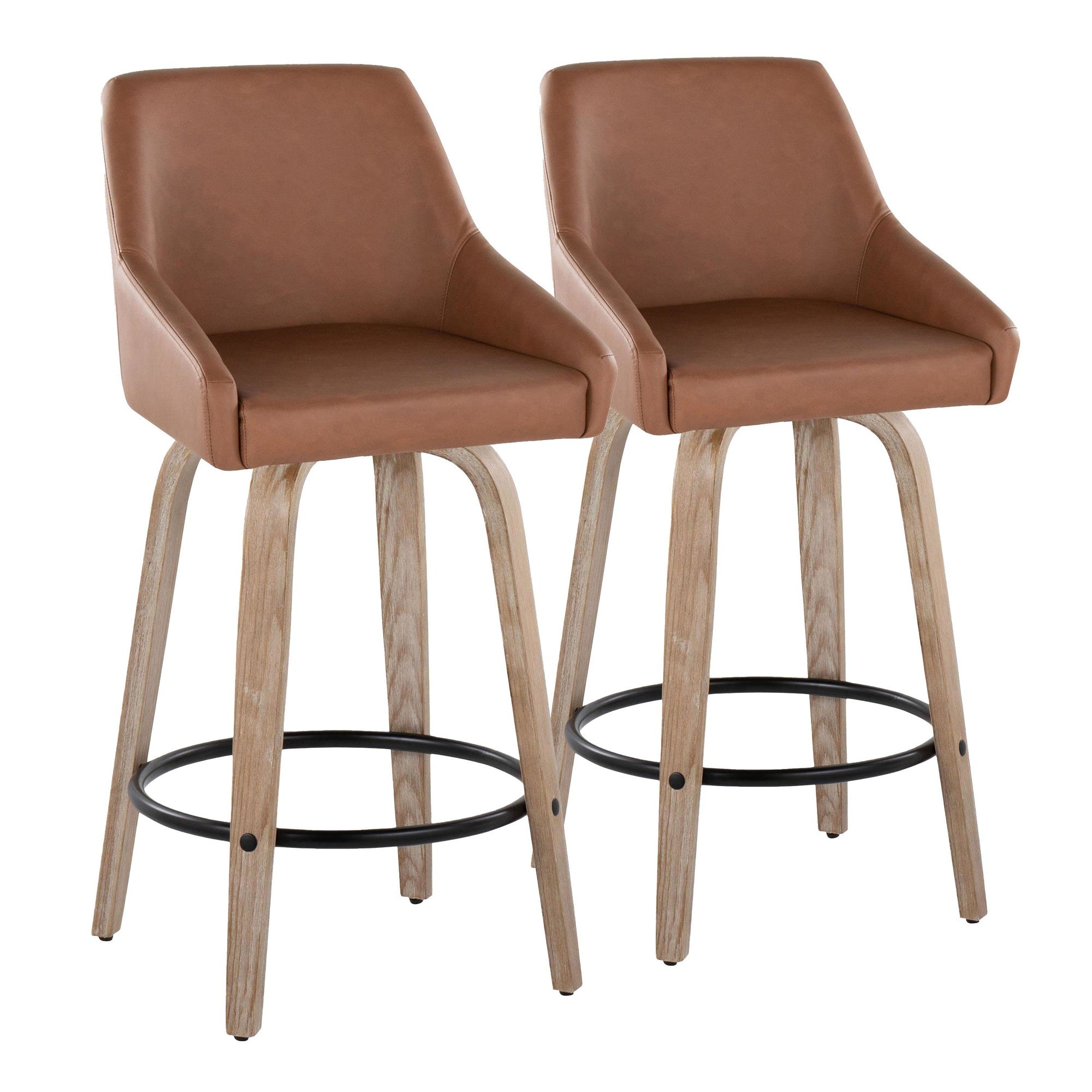 Hannah 26" Fixed-Height Counter Stool - Set of 2 - Whitewashed Wood, Camel PU, Black Metal
