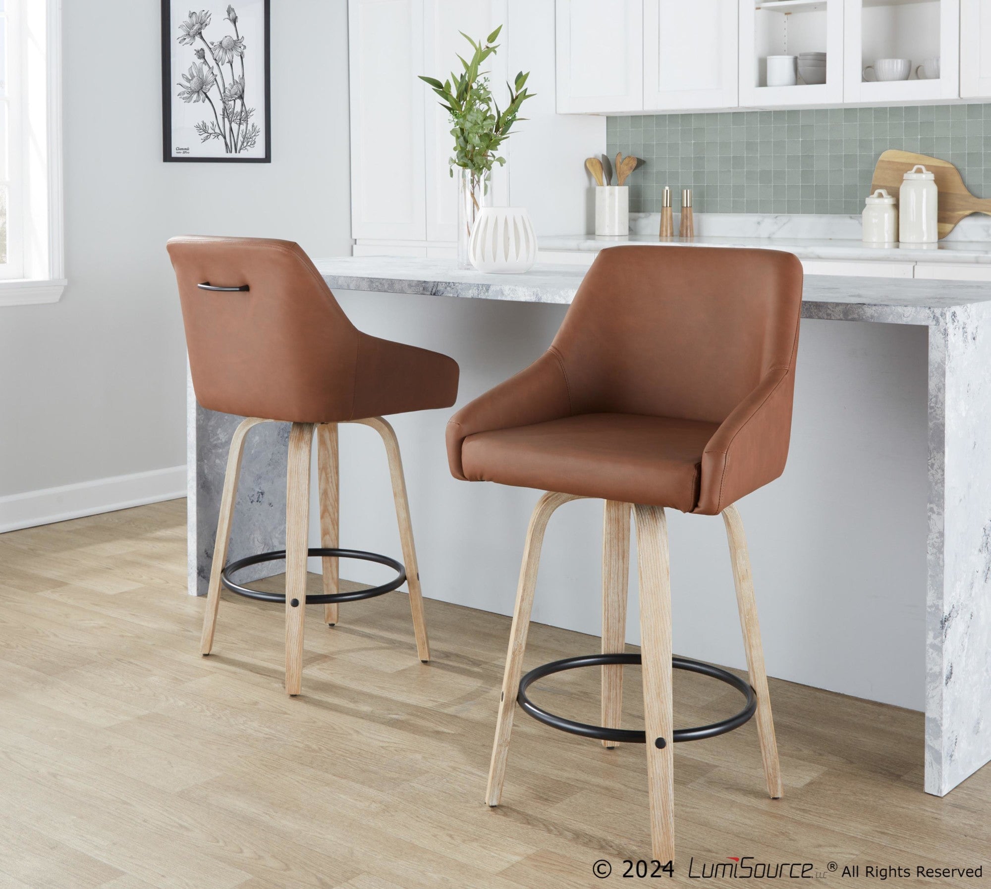 Hannah 26" Fixed-Height Counter Stool - Set of 2 - Whitewashed Wood, Camel PU, Black Metal