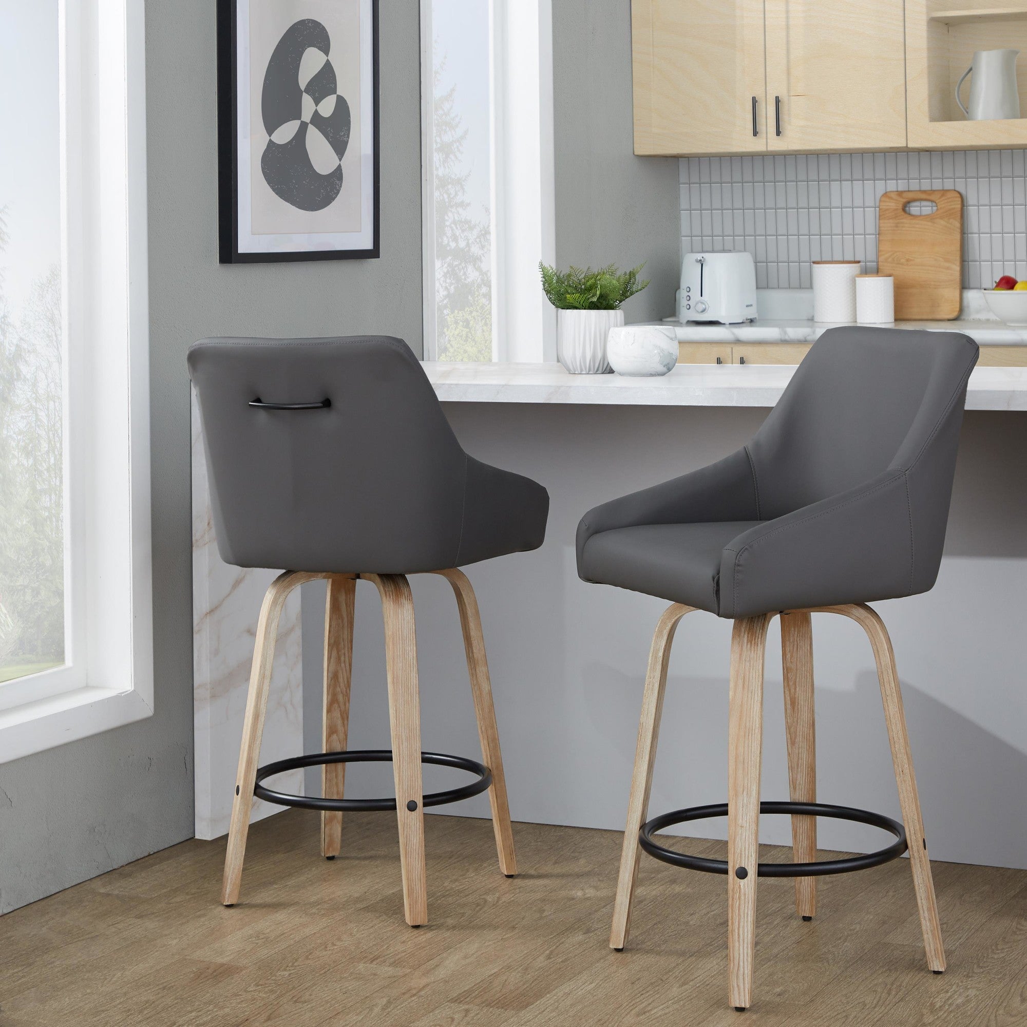 Hannah 26" Fixed-Height Counter Stool - Set of 2 - Whitewashed Wood, Dark Grey PU, Black Metal