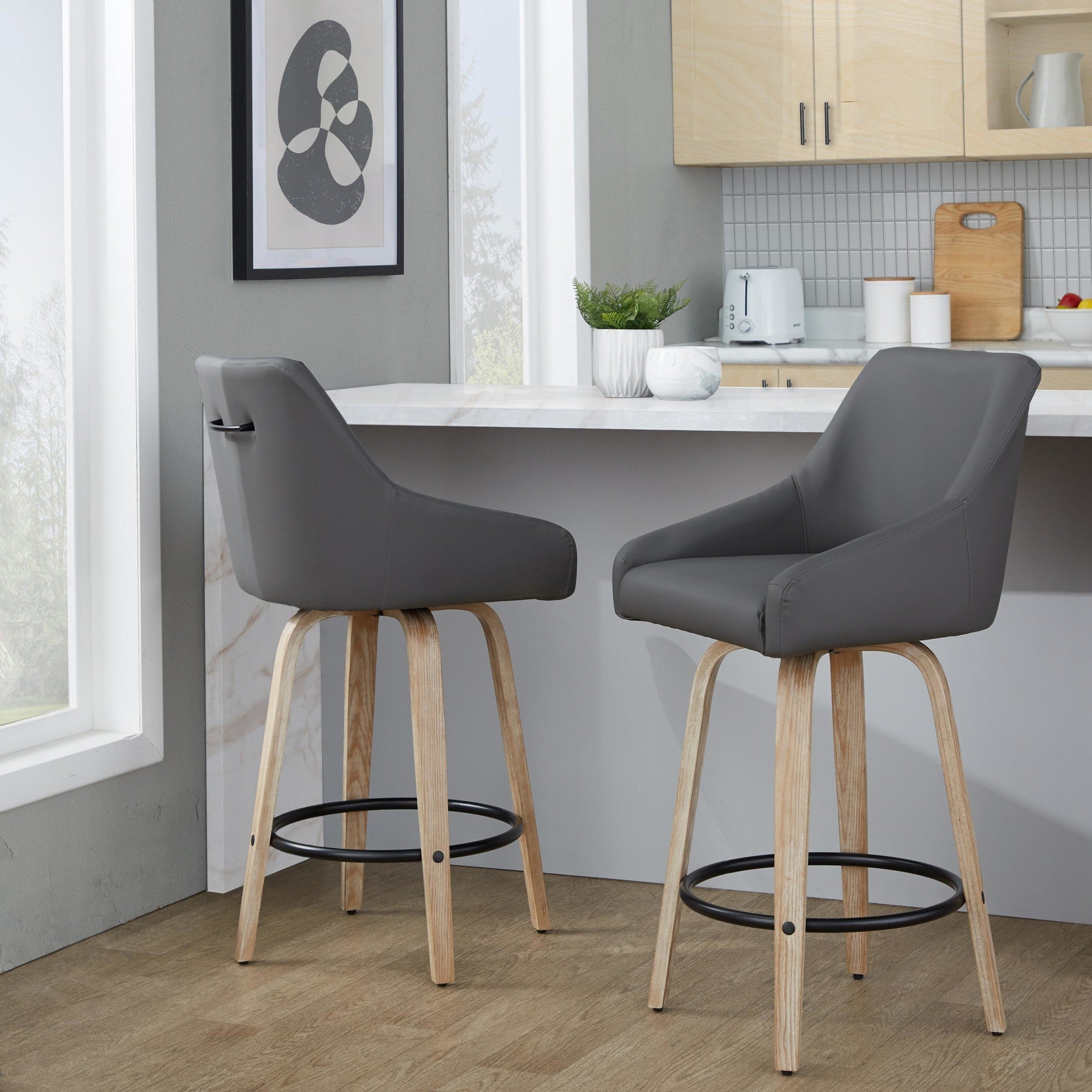 Hannah 26" Fixed-Height Counter Stool - Set of 2 - Whitewashed Wood, Dark Grey PU, Black Metal