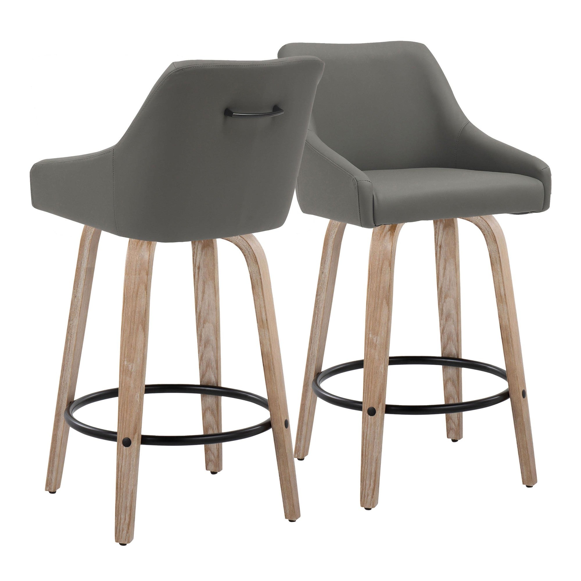 Hannah 26" Fixed-Height Counter Stool - Set of 2 - Whitewashed Wood, Dark Grey PU, Black Metal