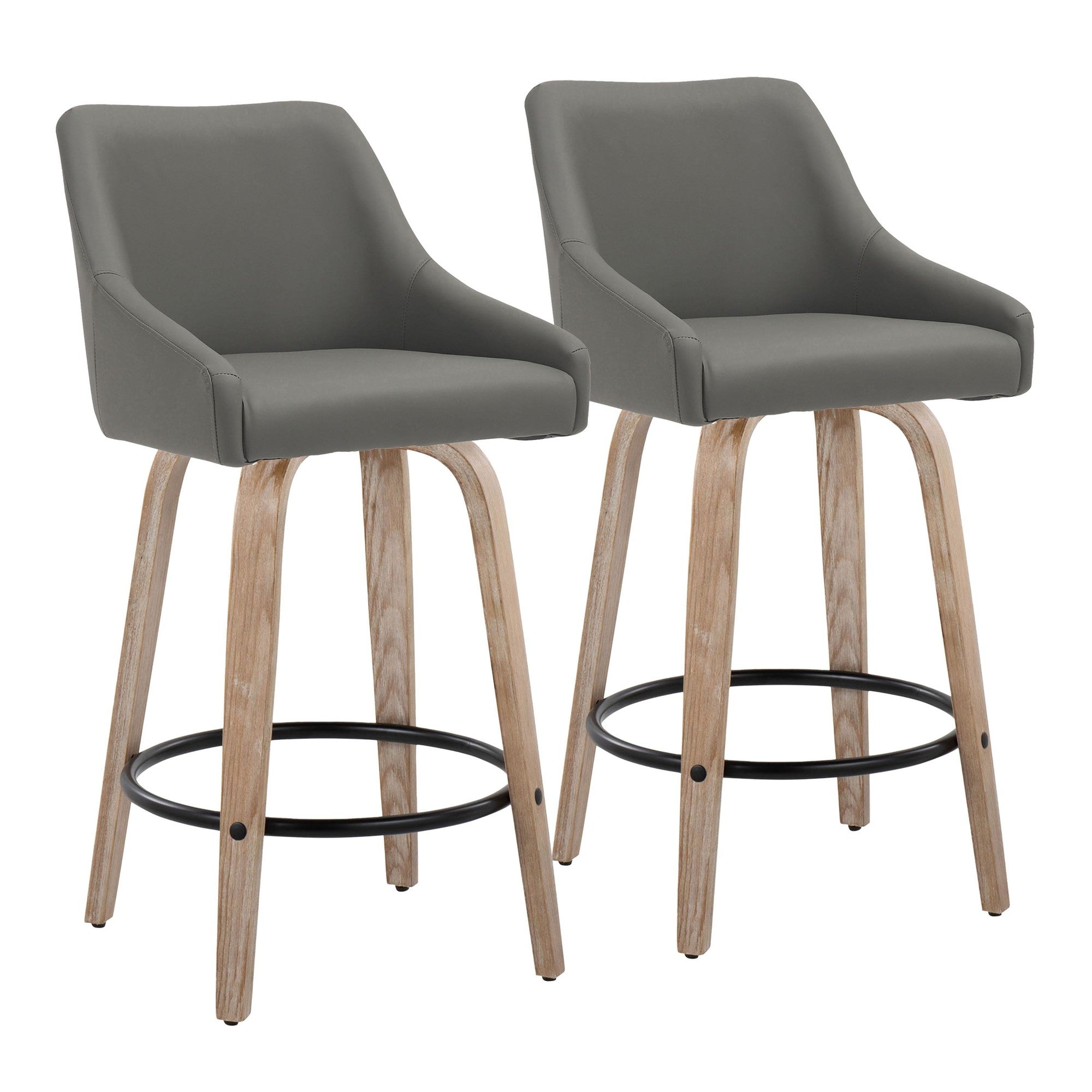 Hannah 26" Fixed-Height Counter Stool - Set of 2 - Whitewashed Wood, Dark Grey PU, Black Metal
