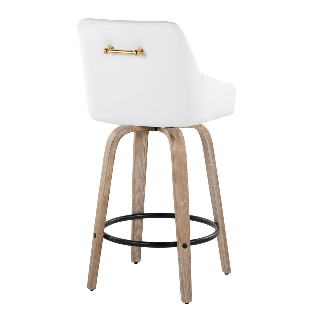 Hannah 26" Fixed-Height Counter Stool - Set of 2 - Whitewashed Wood, White PU, Gold Metal, Black Metal
